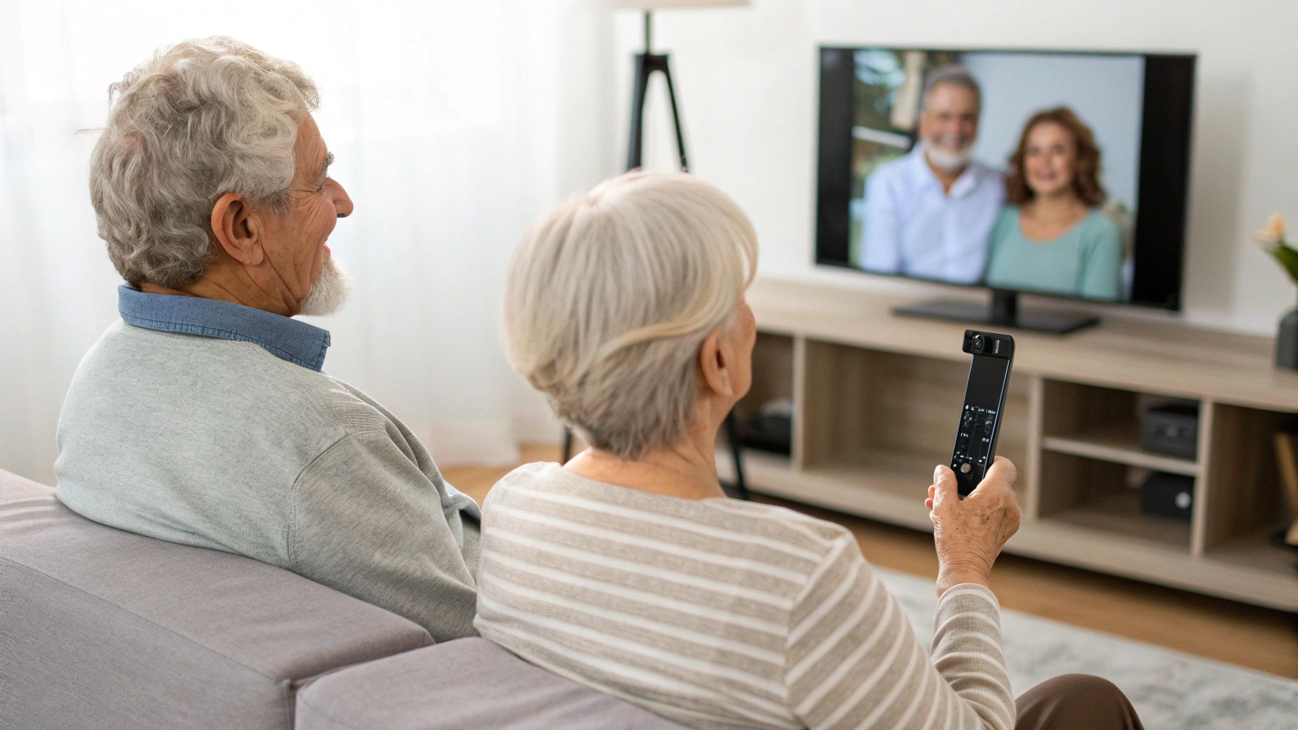 Пожилая пара разговаривает по видеосвязи через смартфон на подставке, выводящий изображение на телевизор