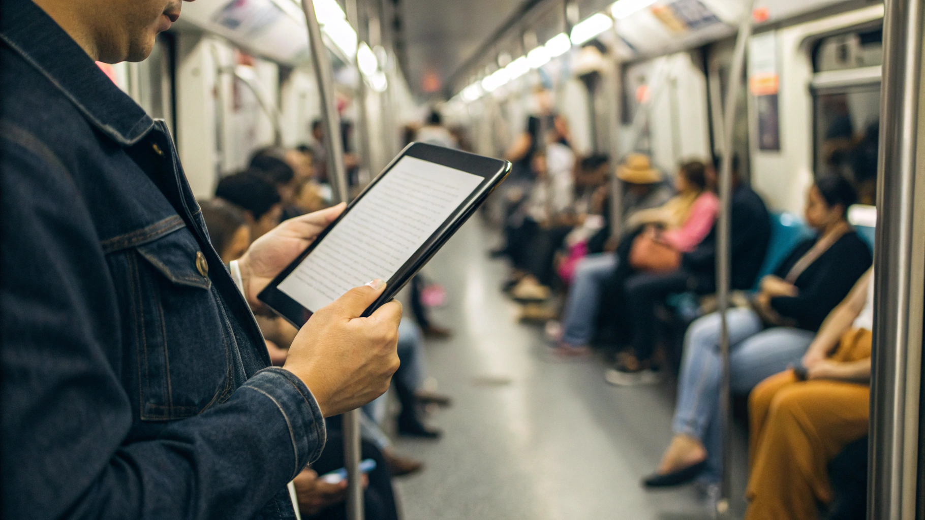 Человек держит планшет одной рукой в переполненном вагоне метро и читает текст