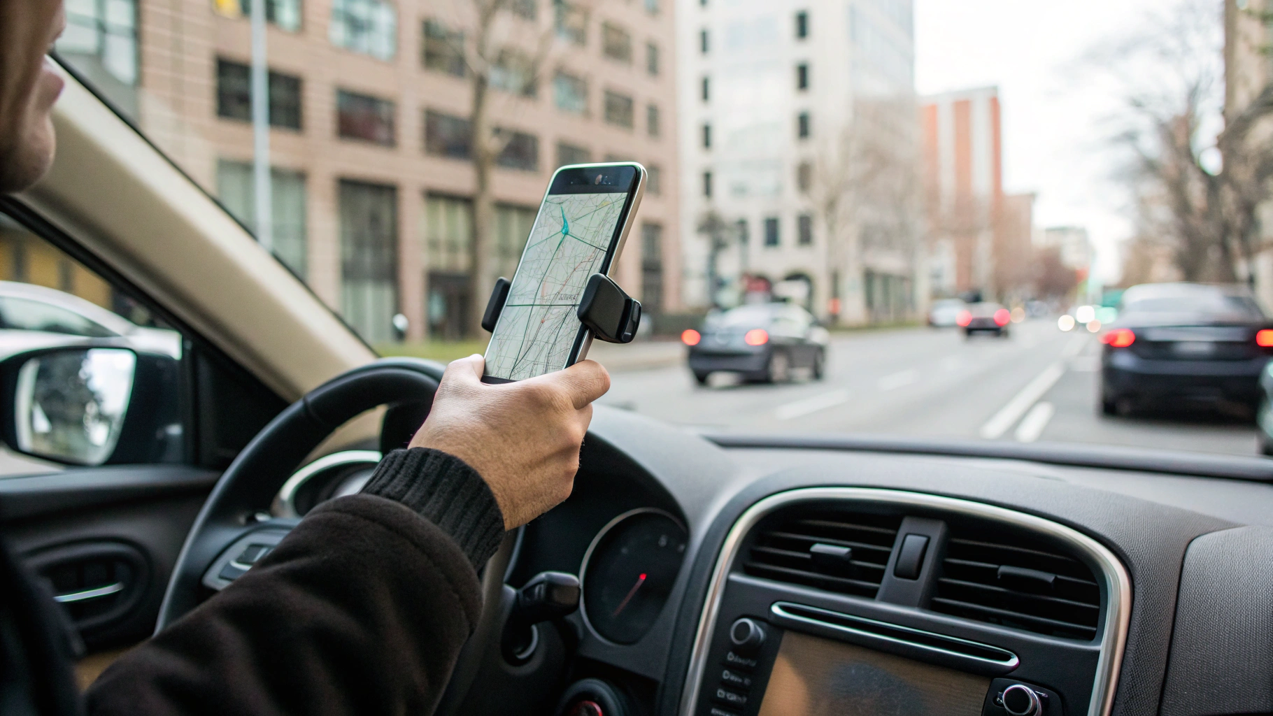 Водитель настраивает смартфон в автомобильном держателе с открытым навигатором