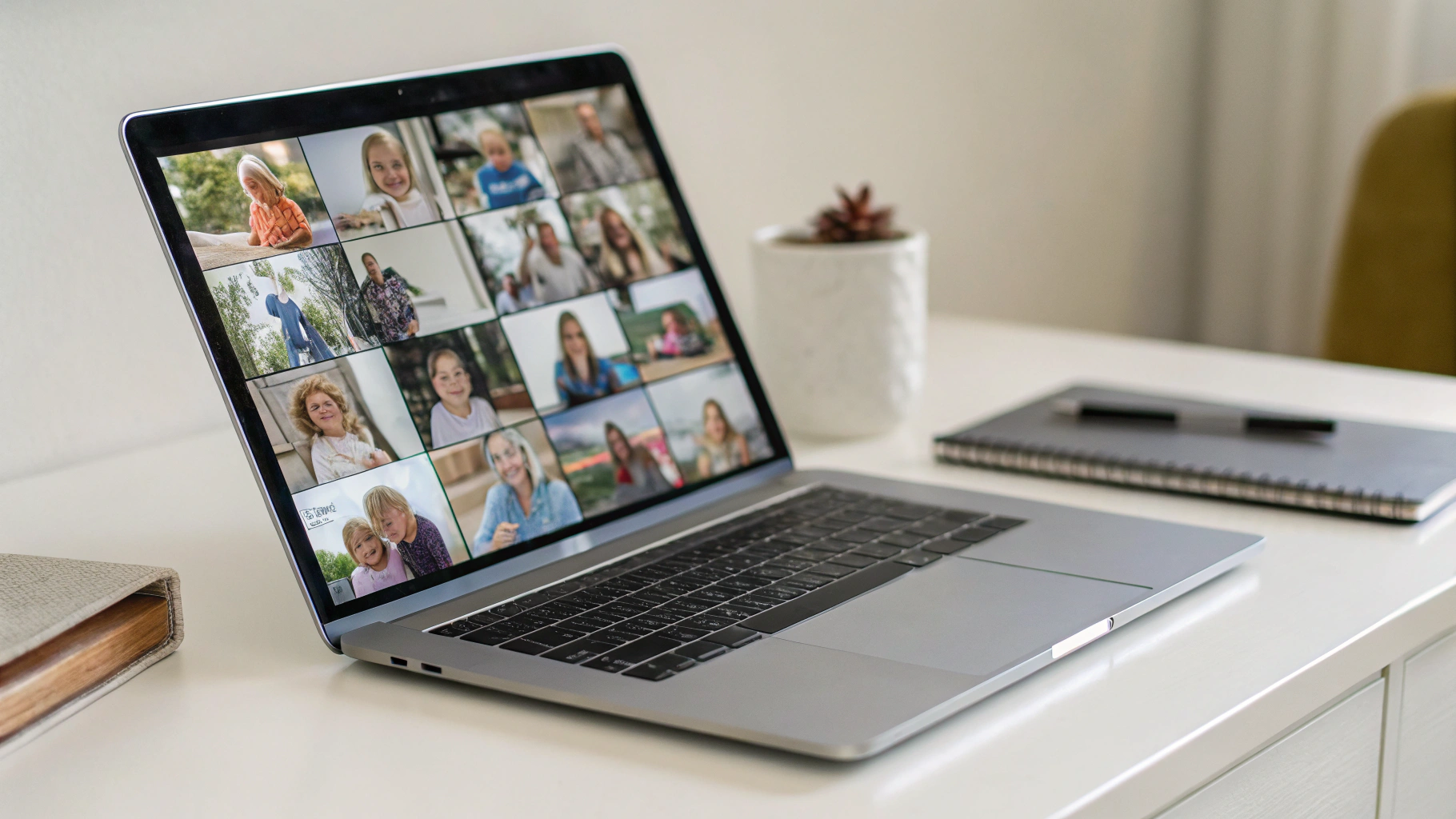 Ноутбук на столе с открытой библиотекой семейных фотографий