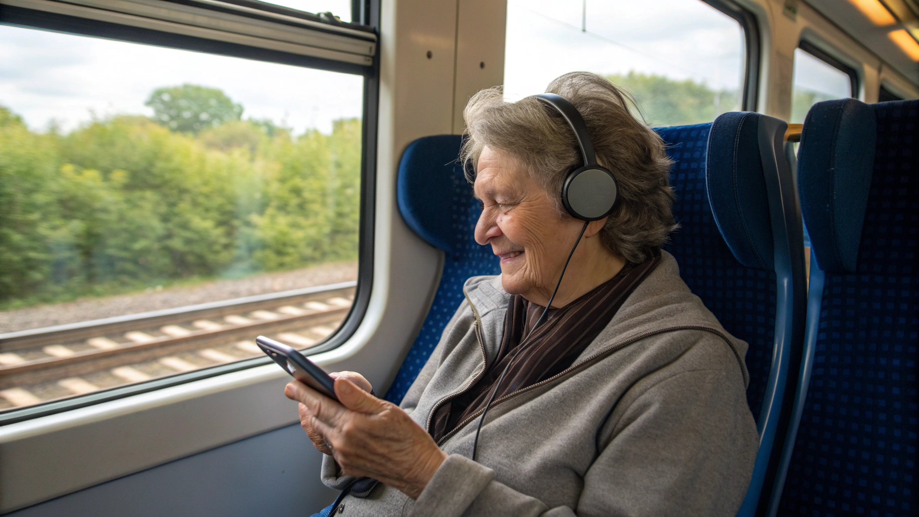 Родитель в наушниках со смартфоном в пригородном поезде