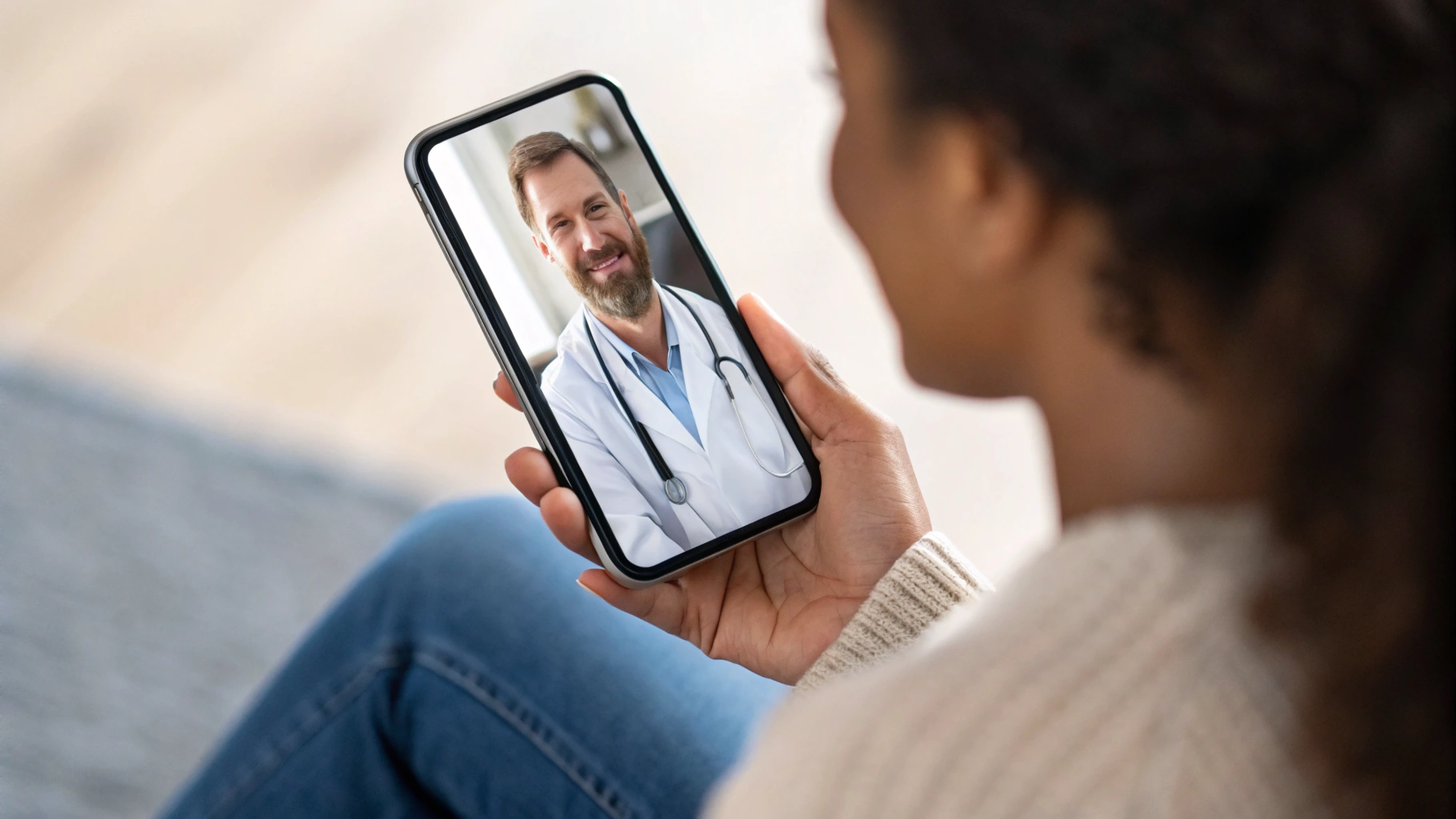 Человек держит смартфон с включённой видеосвязью с врачом, крупный план экрана и фронтальной камеры
