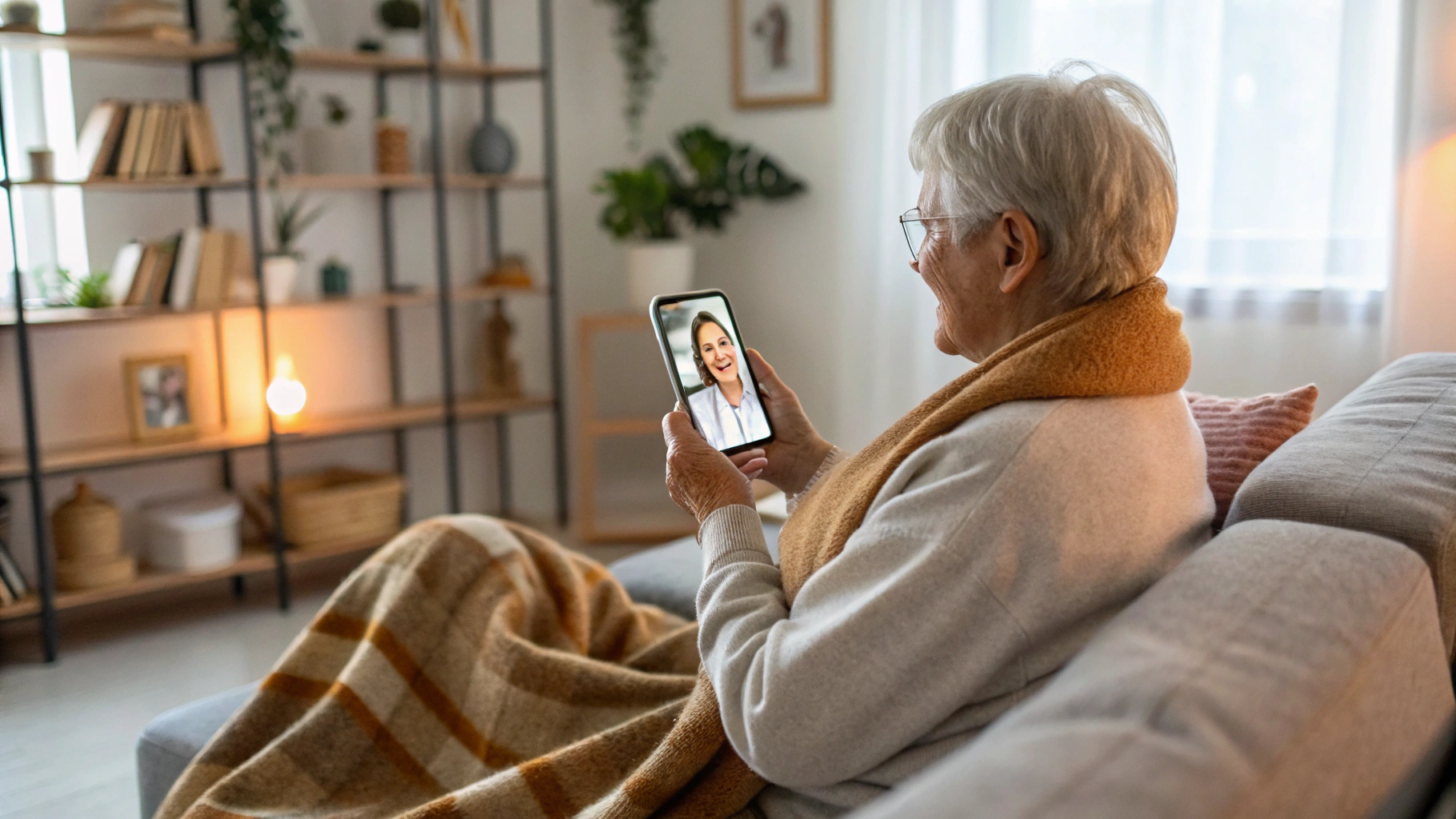 Пожилой человек использует смартфон для онлайн-консультации с врачом, на экране крупный текст и видео