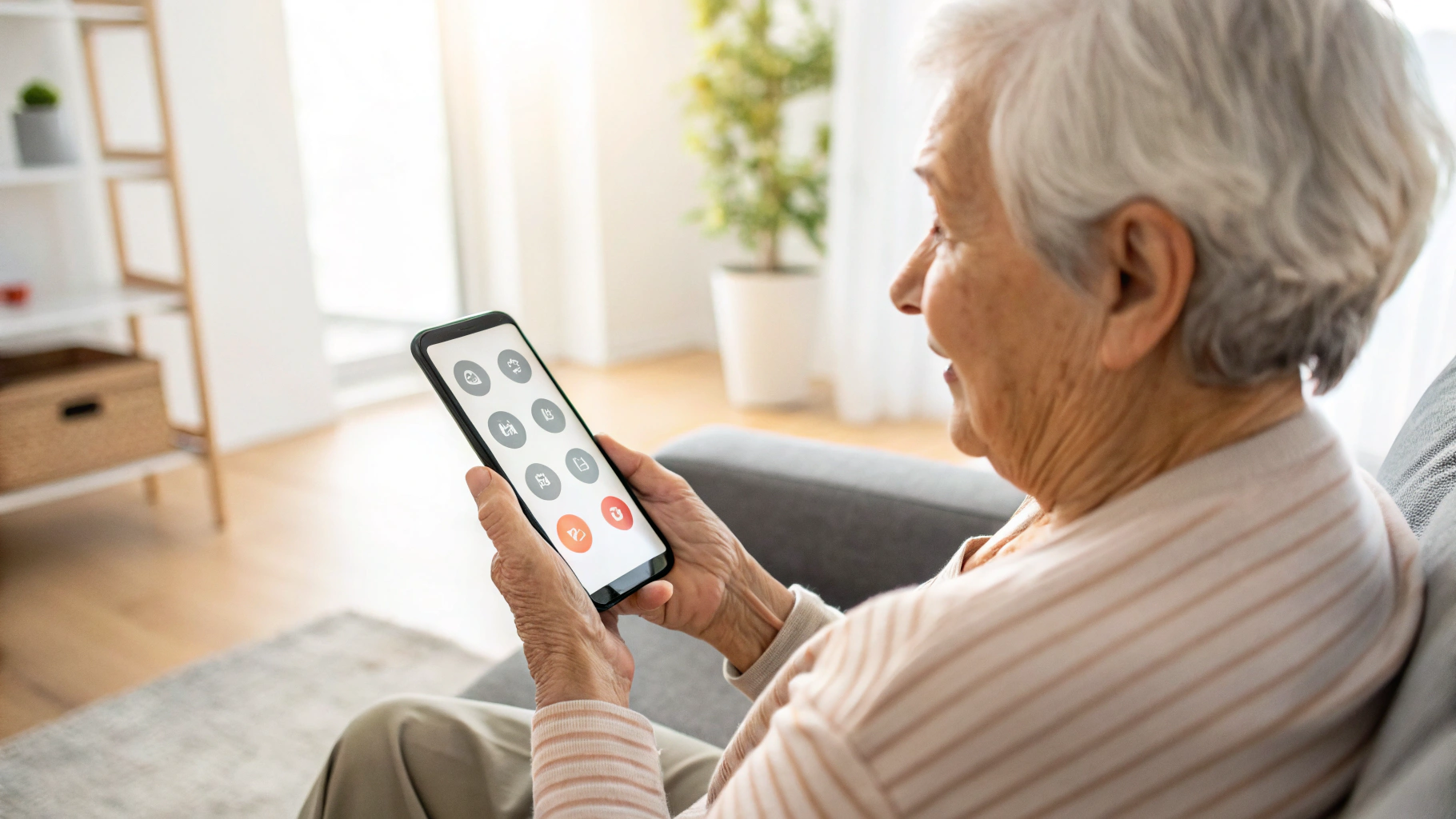 Пожилой человек пользуется смартфоном с крупными значками для звонков и мессенджеров