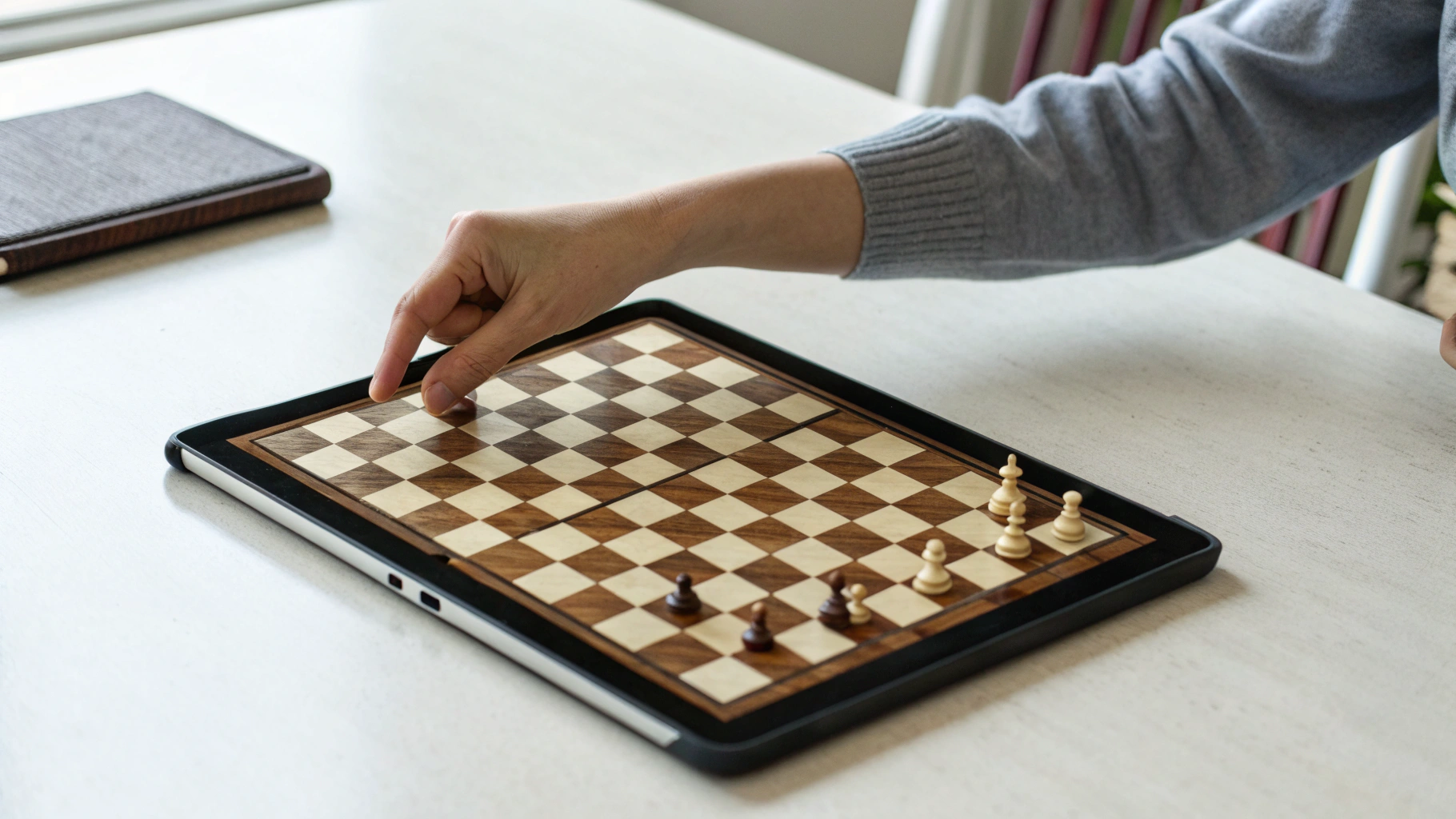 Планшет на столе с открытой онлайн‑шахматной партией