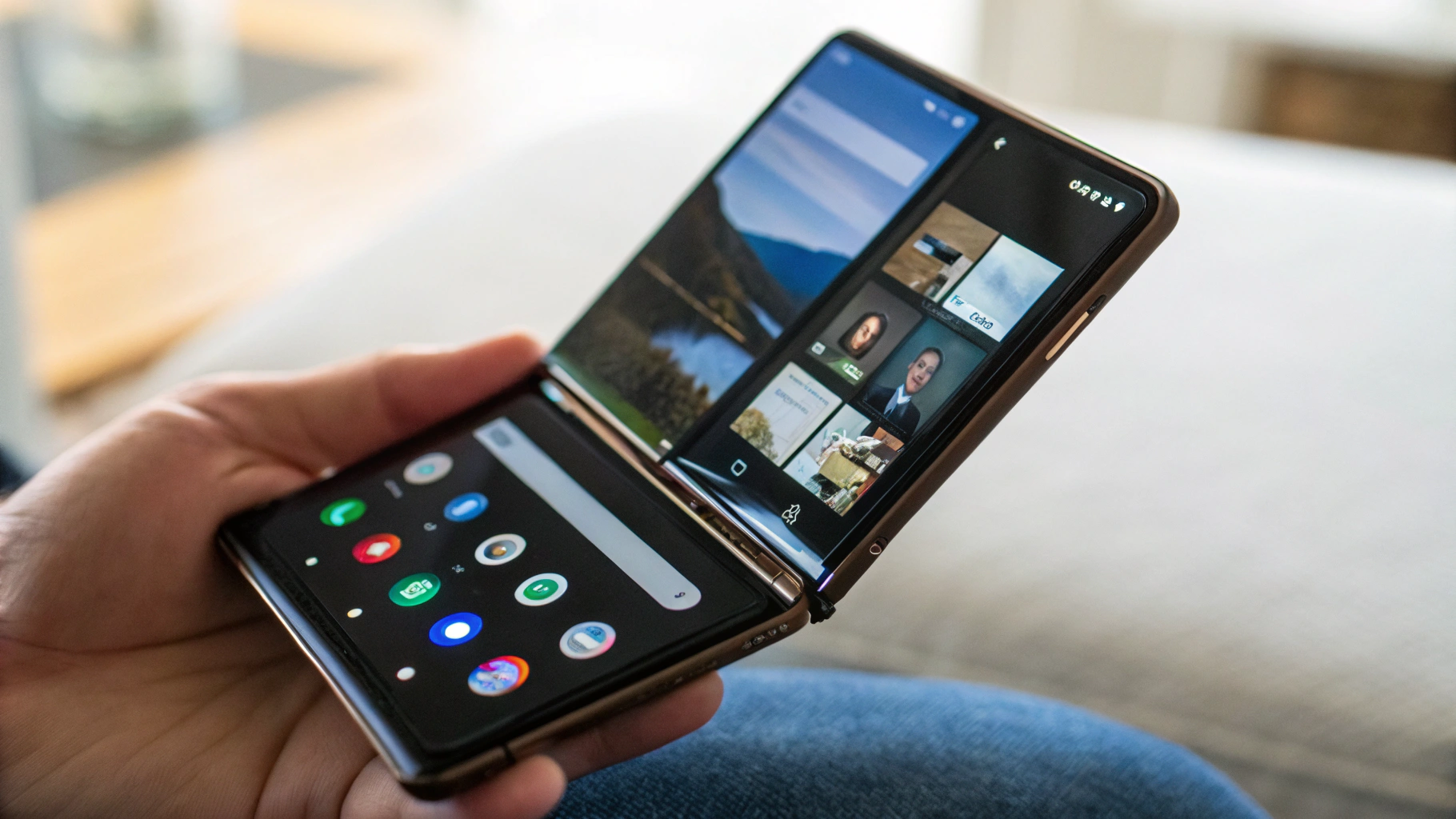 Складной Android‑смартфон с тремя приложениями в режимах нескольких окон