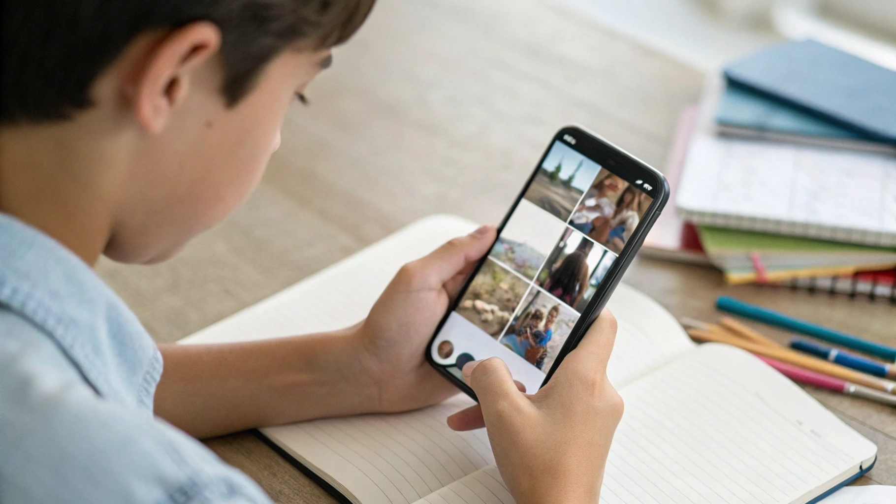 Студент использует Android‑смартфон с разделённым экраном и PiP для учёбы и конспектов