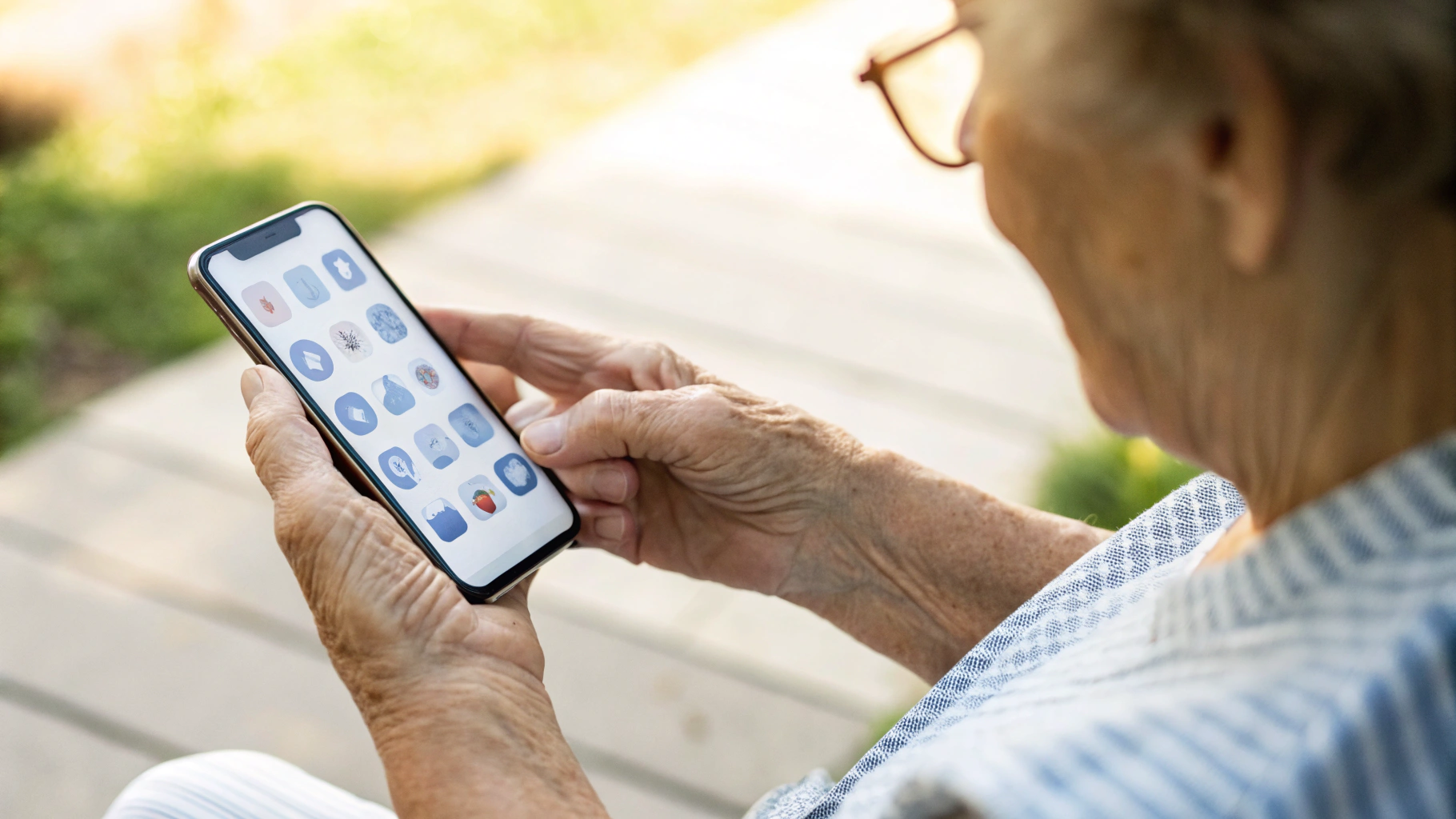 Руки пожилого человека держат смартфон с крупным ярким экраном и большими иконками на улице