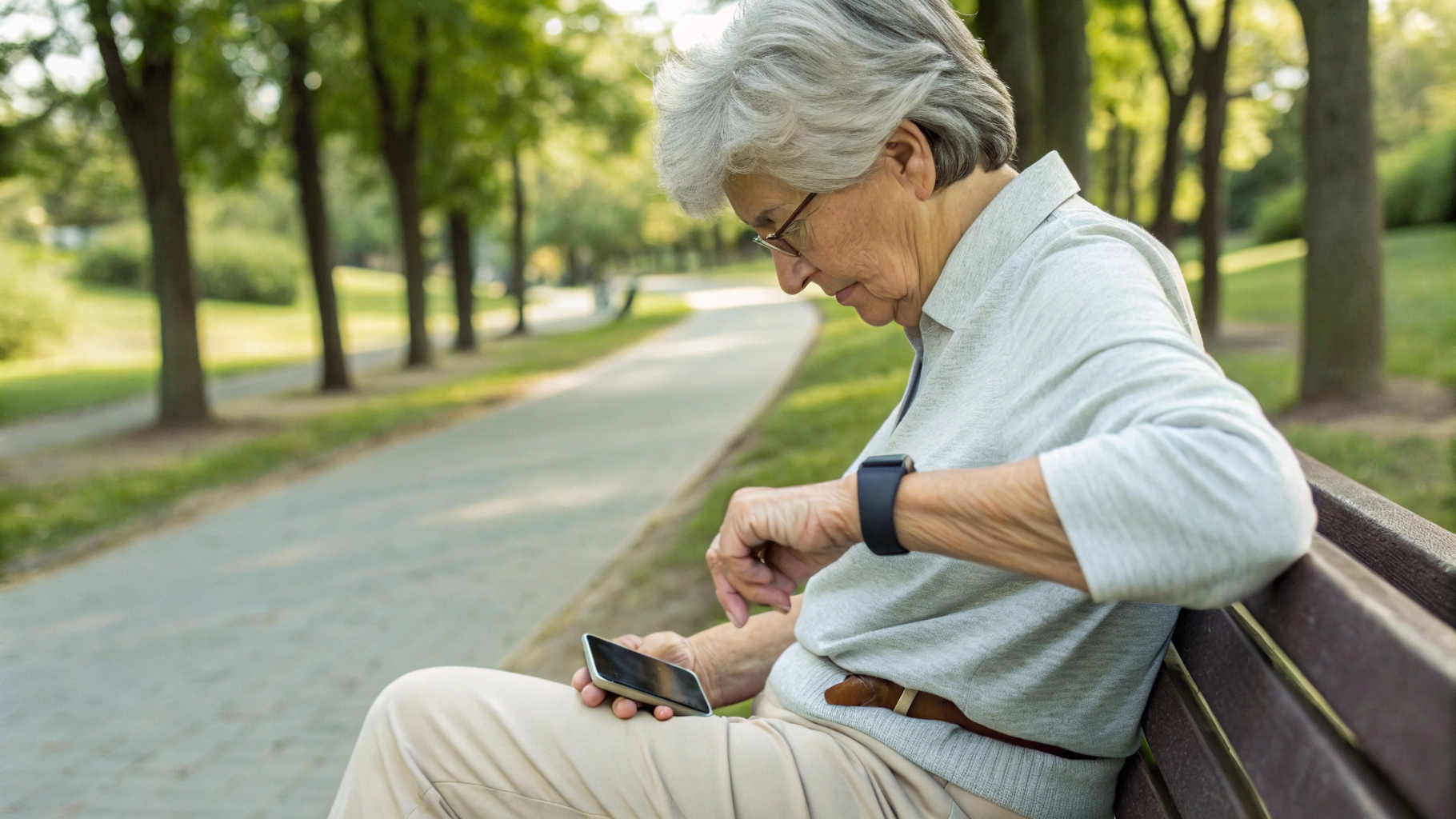 Пожилой человек на скамейке смотрит дневные шаги на смарт‑часах, смартфон лежит в кармане