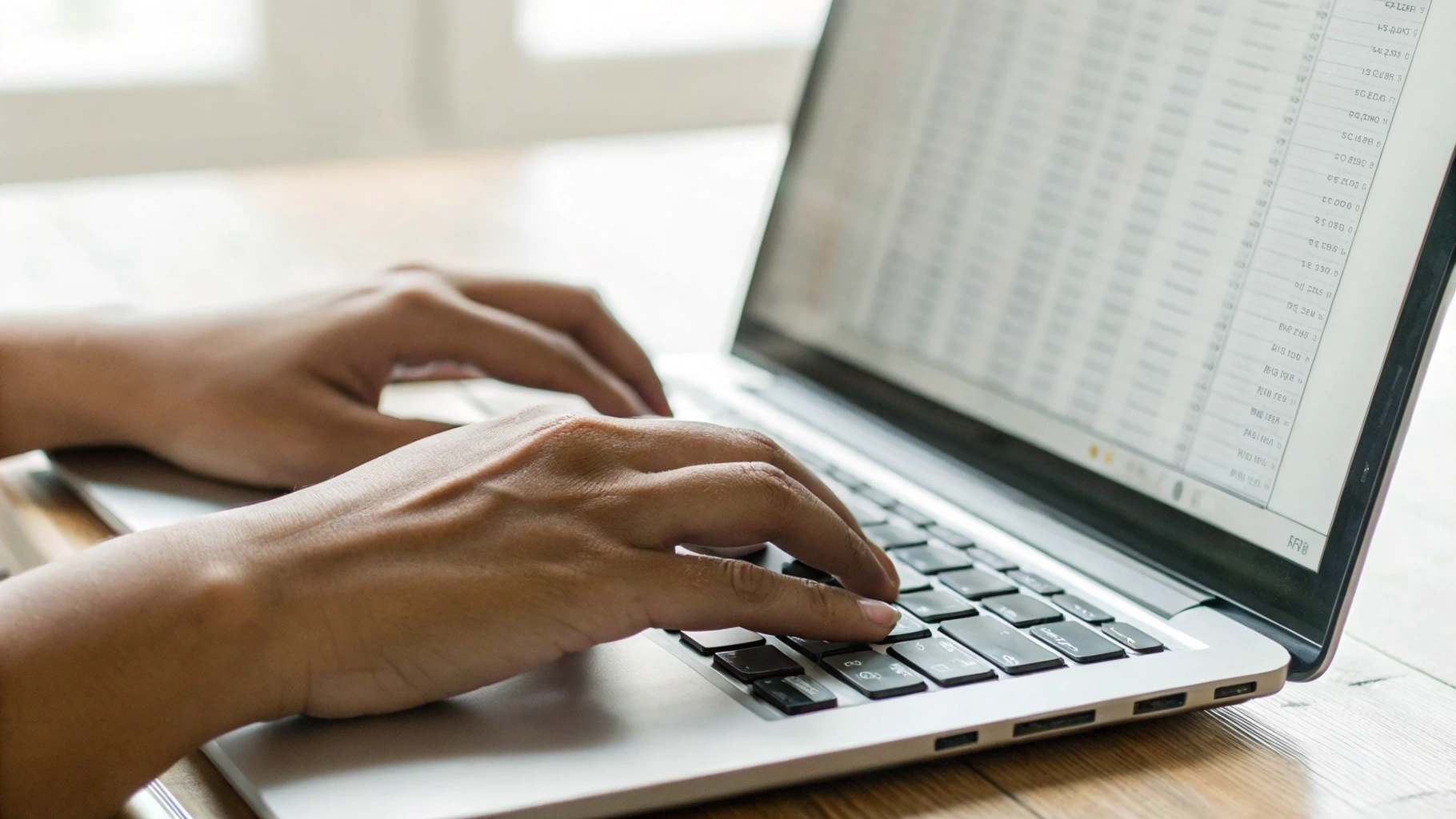 Крупный план рук родителя, набирающего текст и работающего с таблицей на ноутбуке