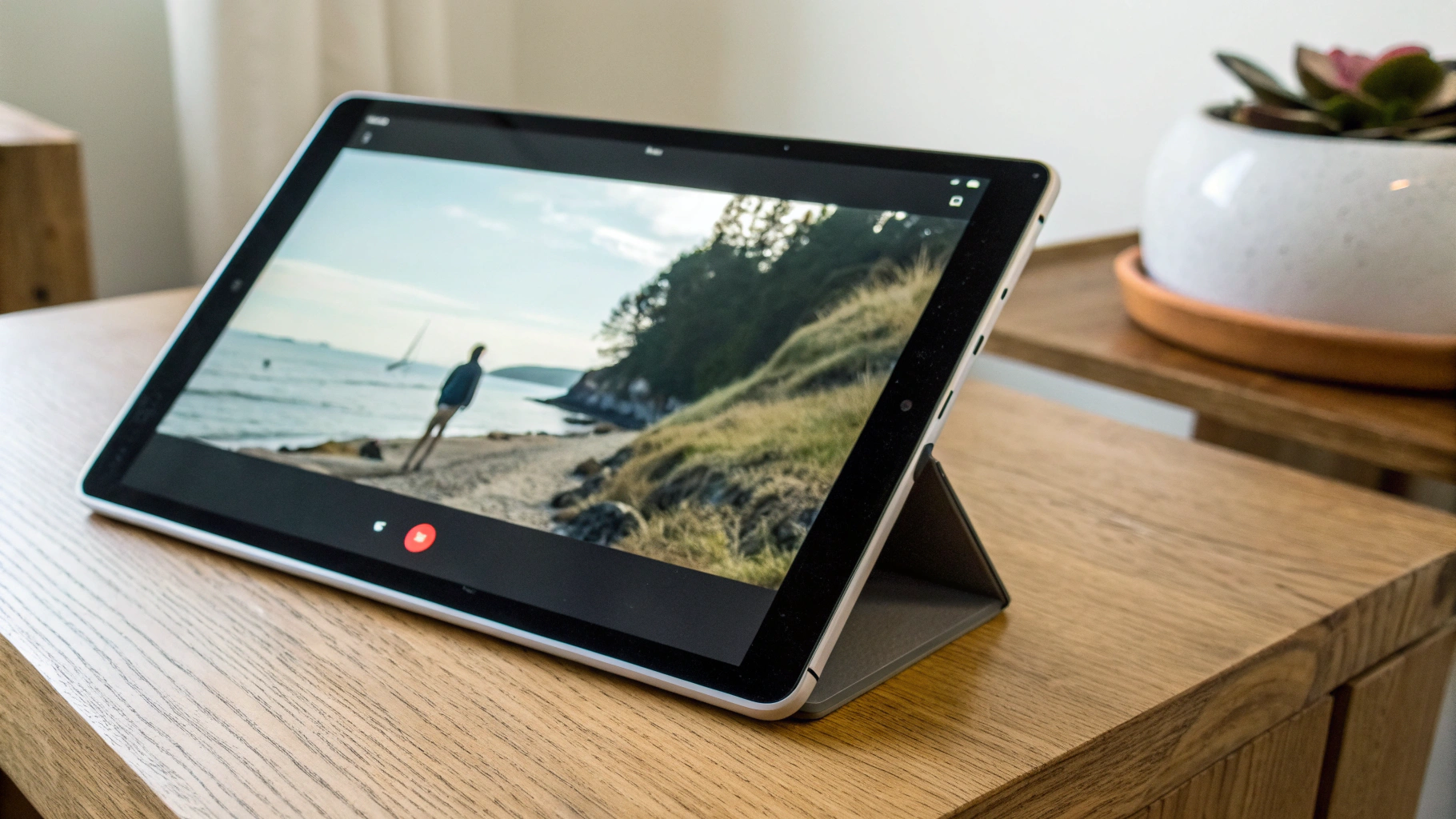 Планшет на столе с крупным окном онлайн-трансляции