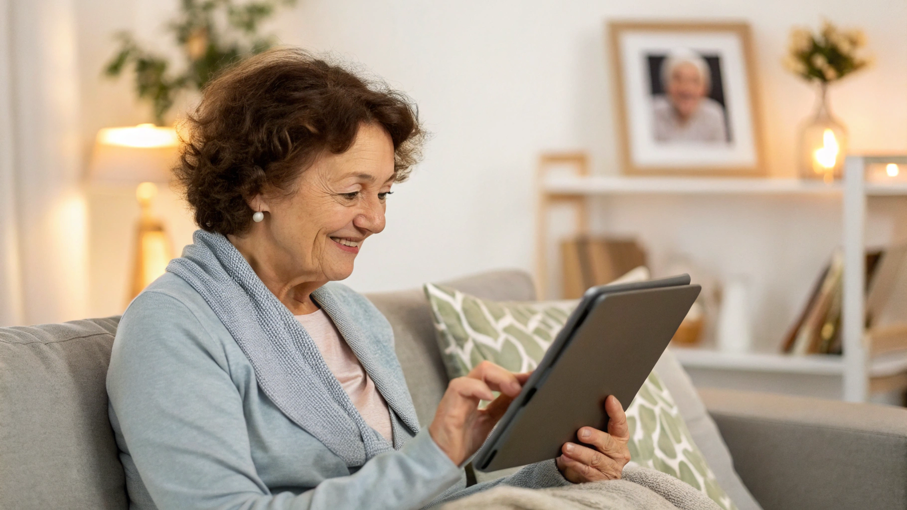 Пожилая женщина использует планшет в чехле-подставке для видеозвонка