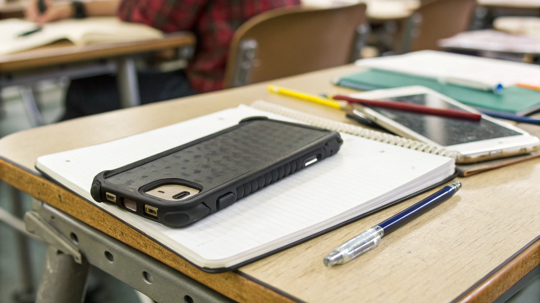 Бюджетный смартфон в ударопрочном чехле с защитной пленкой на школьной парте рядом с тетрадями и ручками