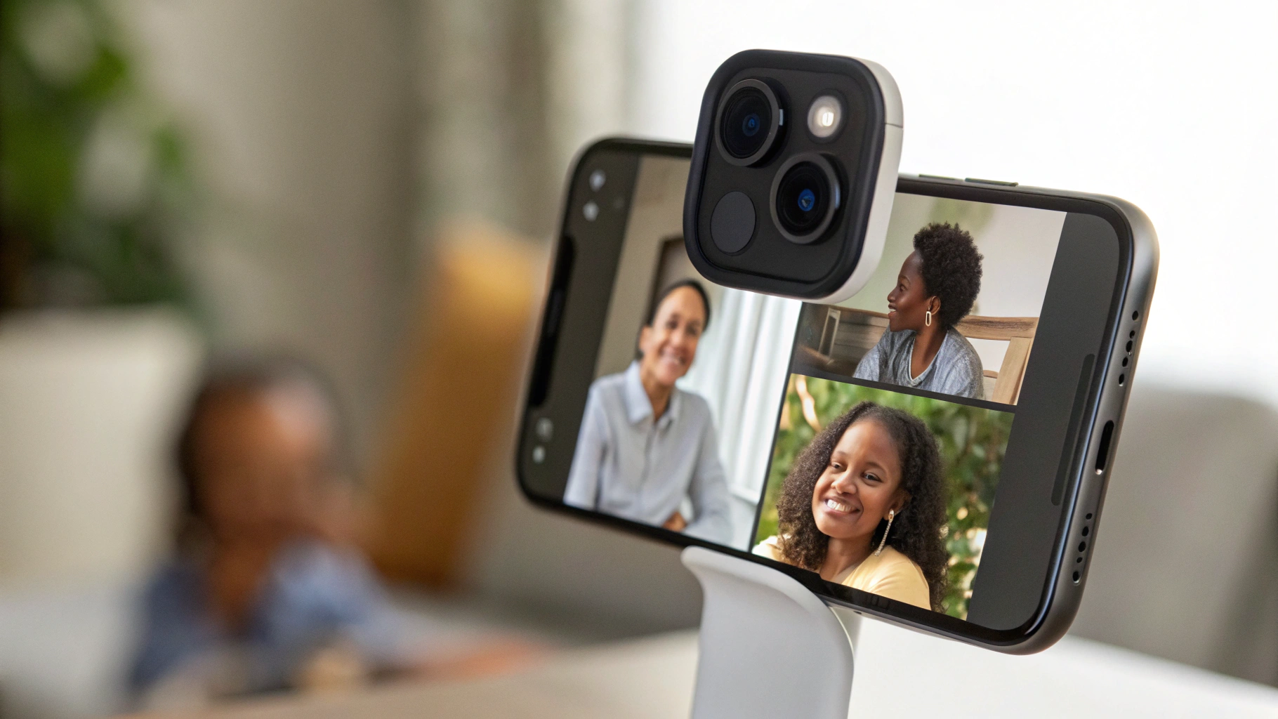 iPhone 2025 на подставке во время семейного видеозвонка с несколькими участниками на экране