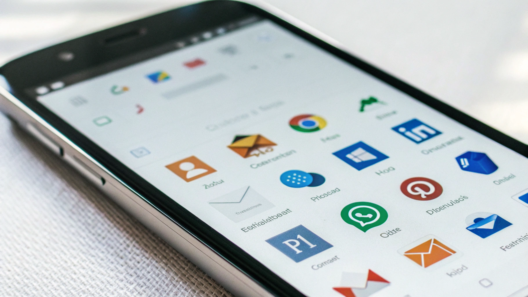 Экран Android‑смартфона с иконками офисных приложений и списком писем