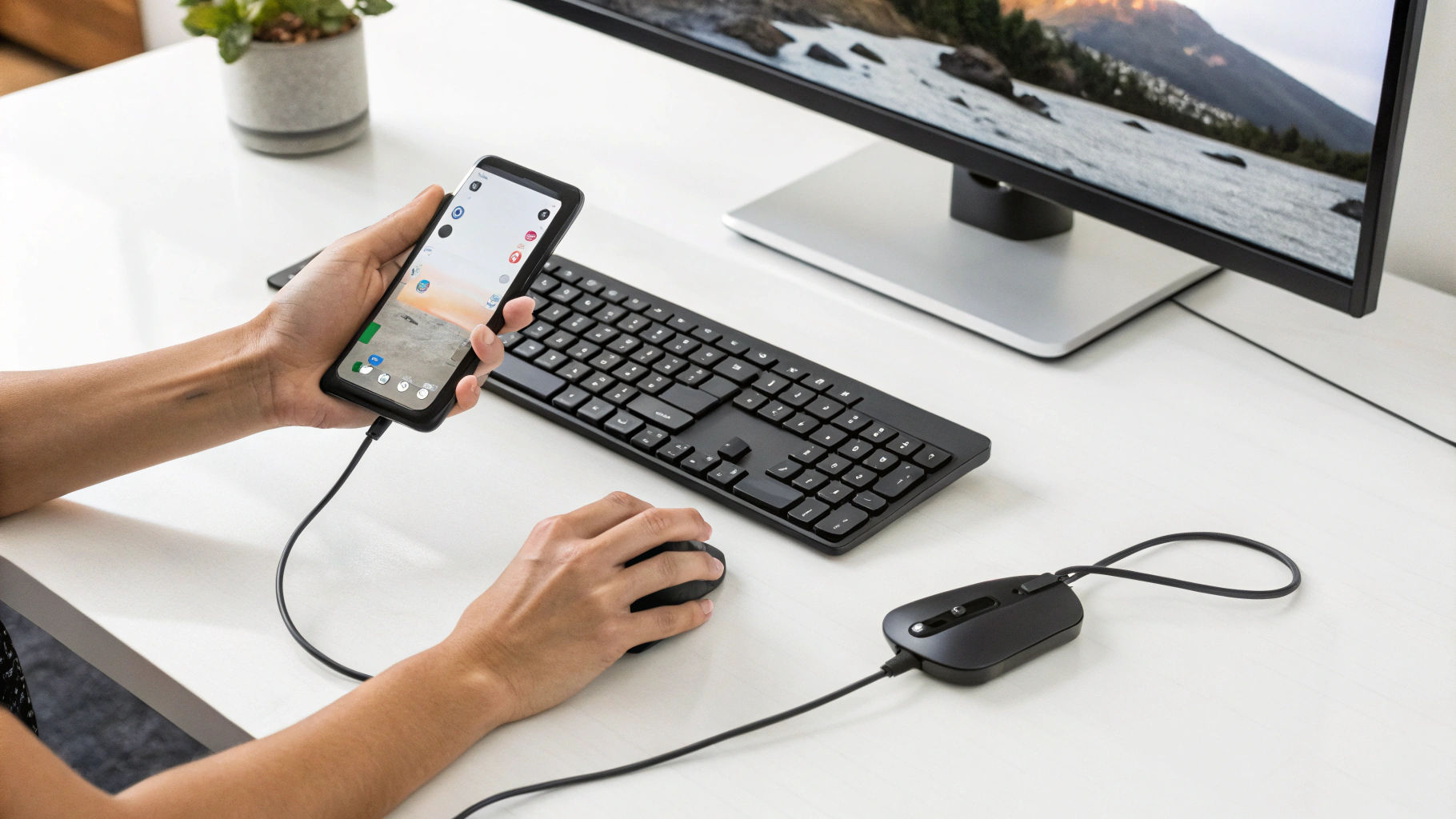 Подключенный к монитору Android‑смартфон в режиме настольной работы с клавиатурой и мышью