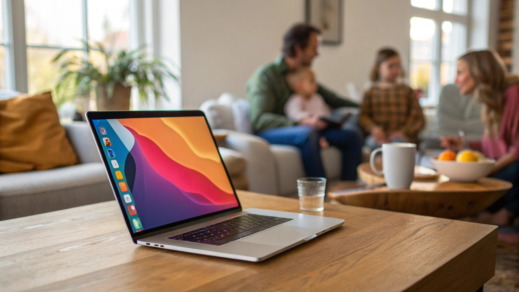 Новый MacBook 2026 на столе, вокруг сидит семья и занимается разными делами