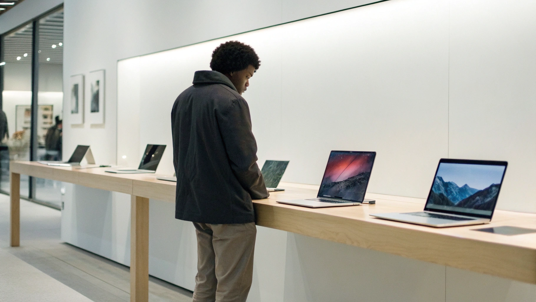 Покупатель выбирает подходящую модель MacBook 2026 в магазине электроники
