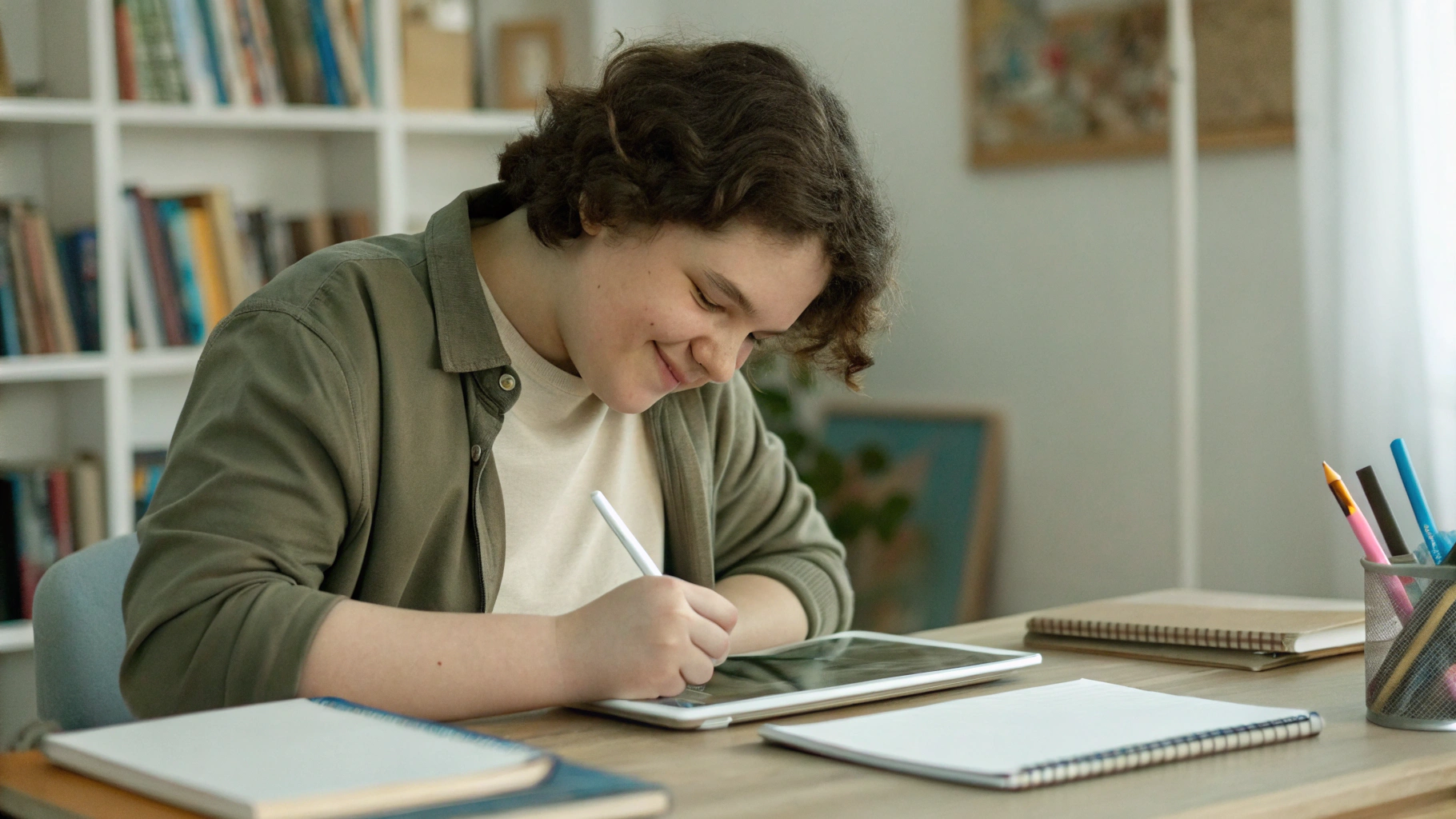 Подросток рисует на планшете со стилусом среди учебников