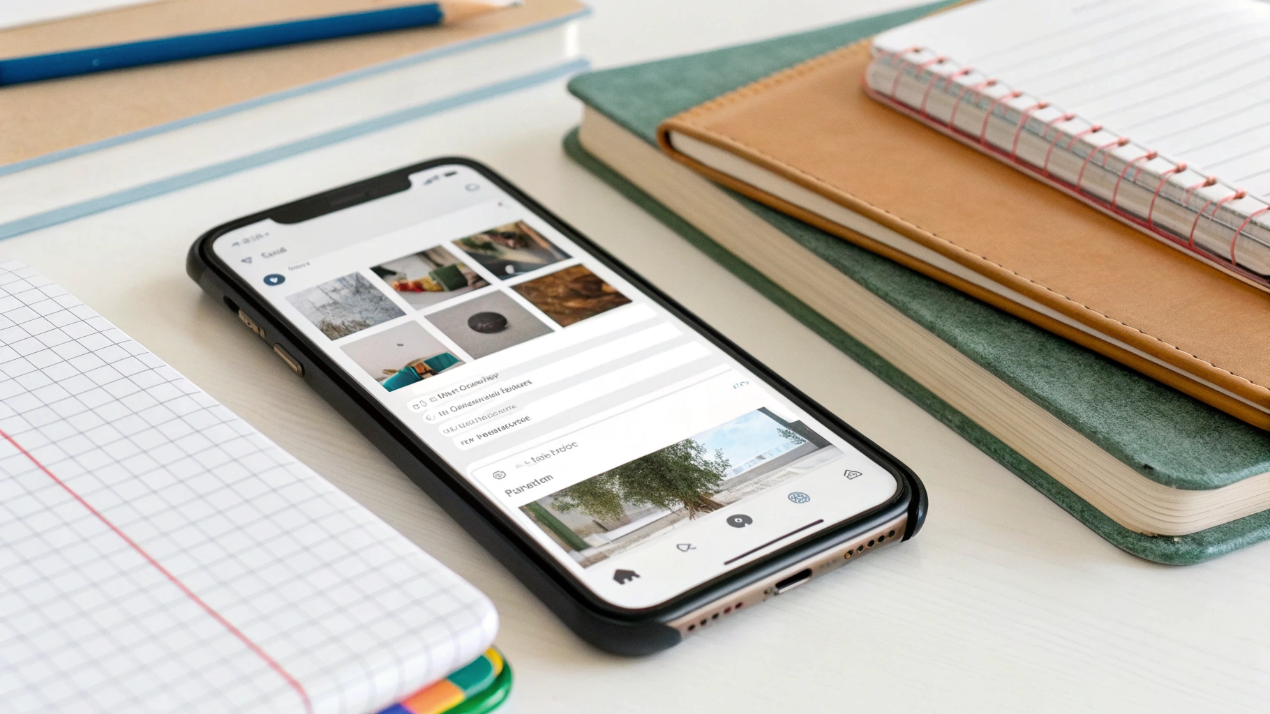 Смартфон на столе показывает ИИ‑конспект и карточки для учёбы рядом с тетрадями