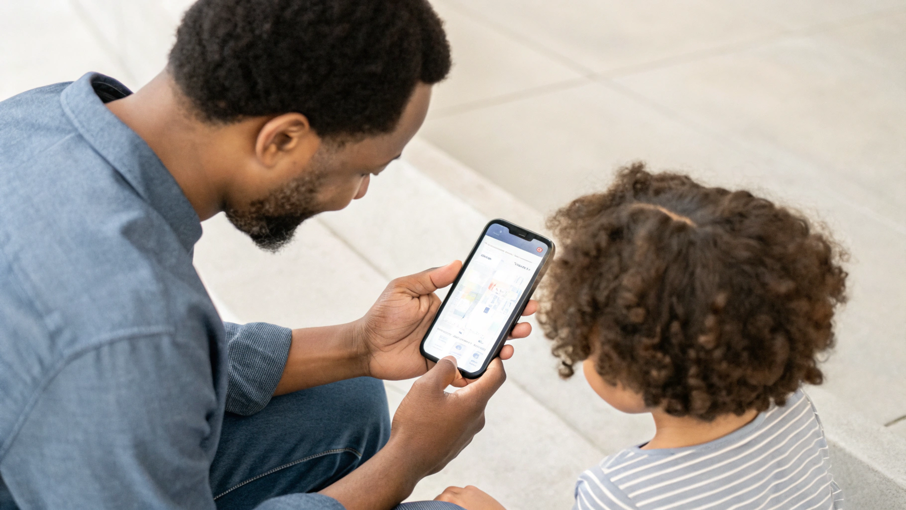 Родитель смотрит на смартфоне отчёты ИИ о маршрутах ребёнка и экранном времени