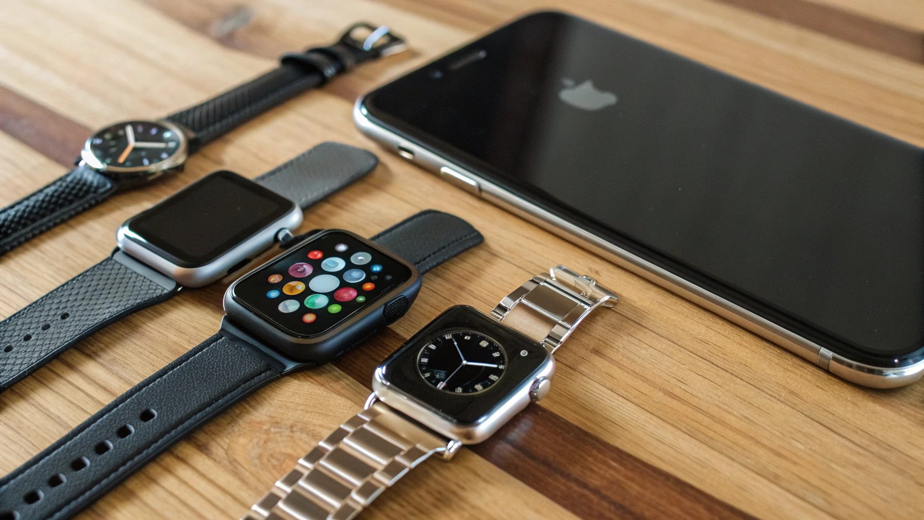 Разные модели смарт-часов, включая Apple Watch и часы для Android, лежат рядом со смартфоном