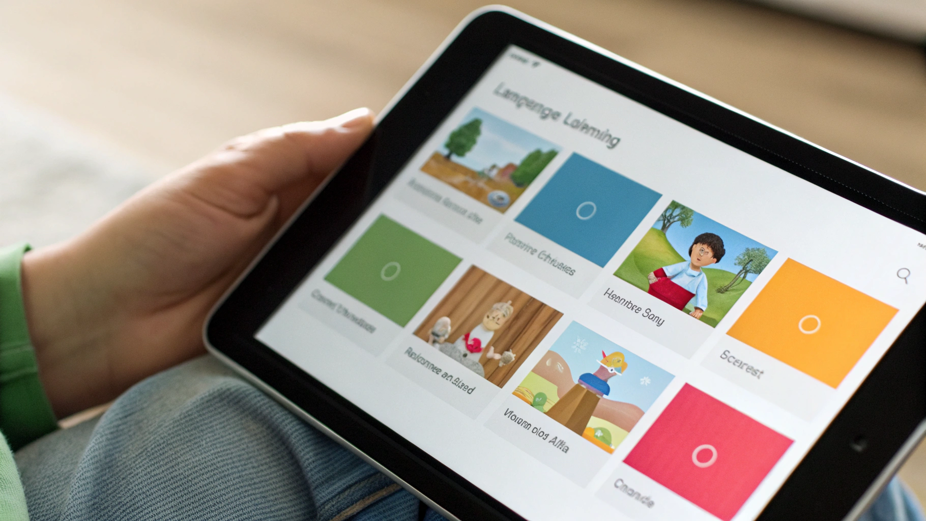 Экран планшета с приложением для изучения языков и чёткими субтитрами