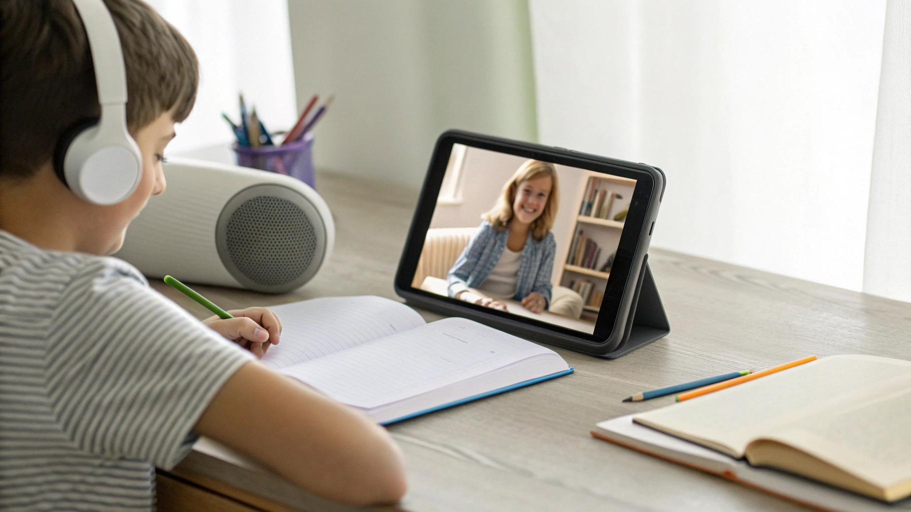 Ребёнок занимается на онлайн-уроке иностранного языка по видеосвязи на планшете со стереодинамиками