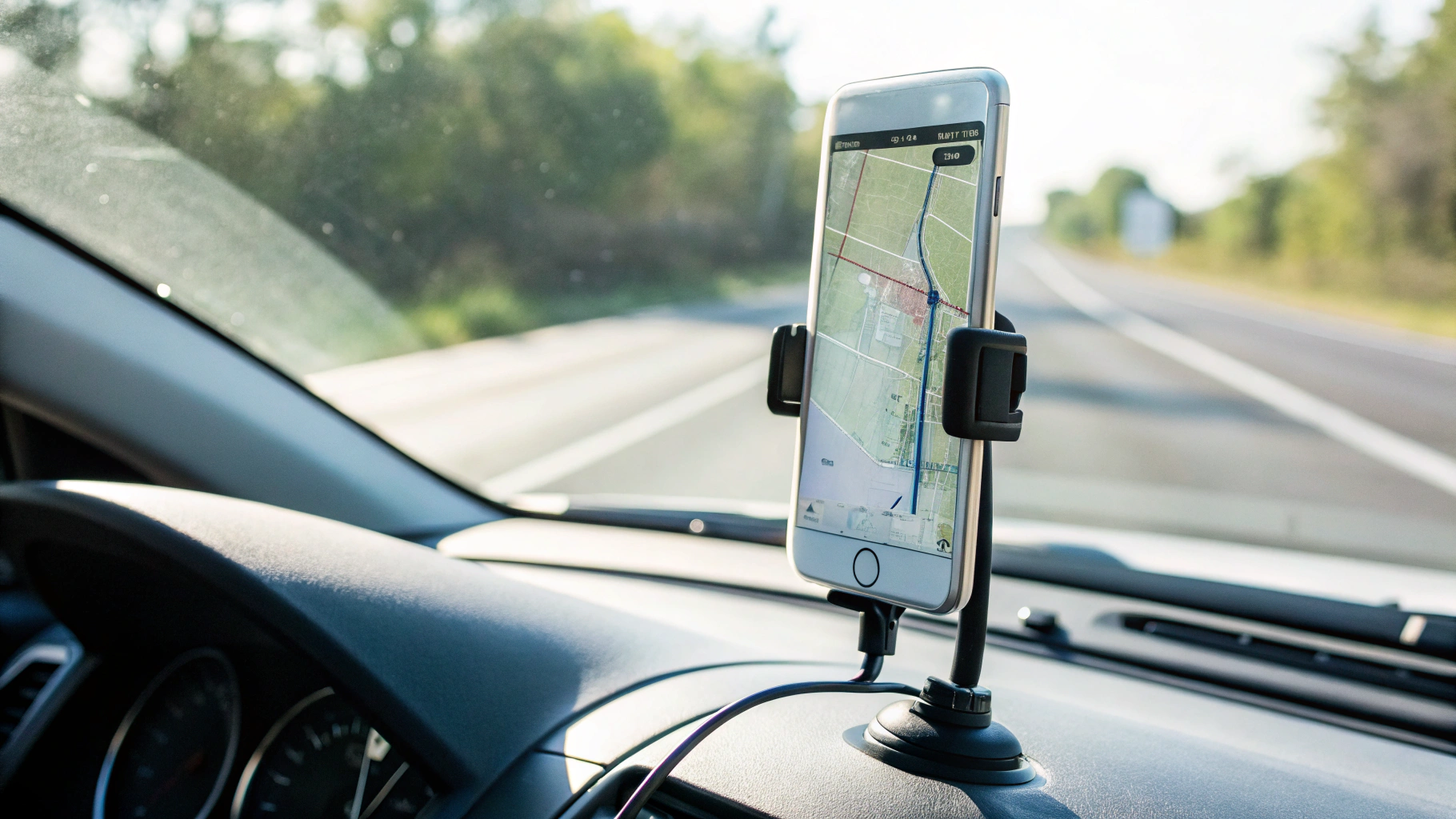 Смартфон в автомобильном держателе с открытым навигатором