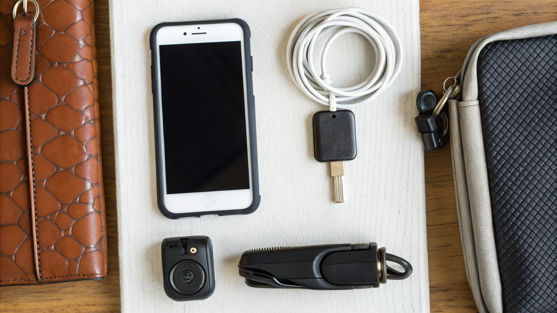 Смартфон и набор автомобильных аксессуаров для поездок