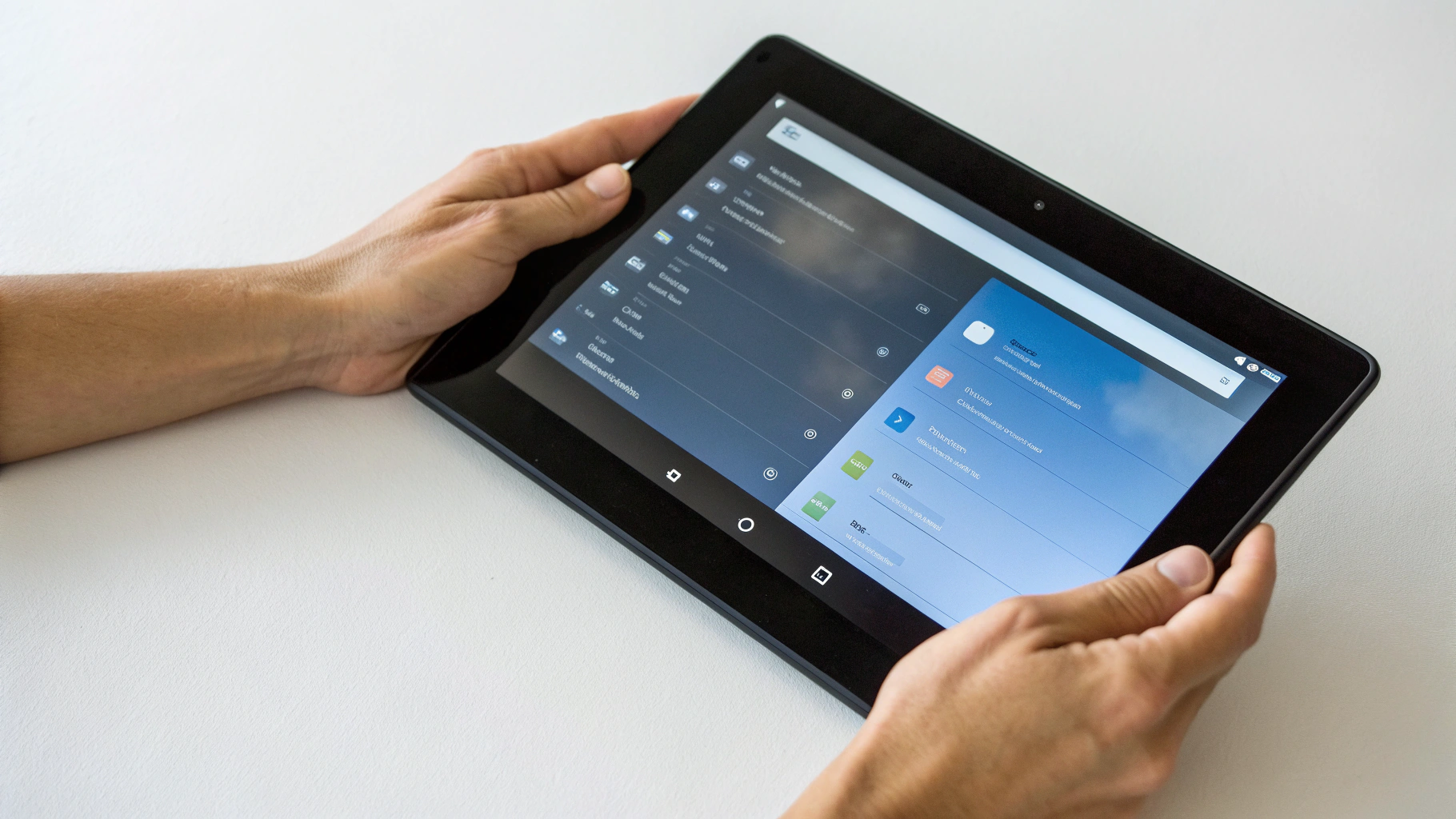 Руки взрослого держат бюджетный планшет, на экране отображаются характеристики устройства