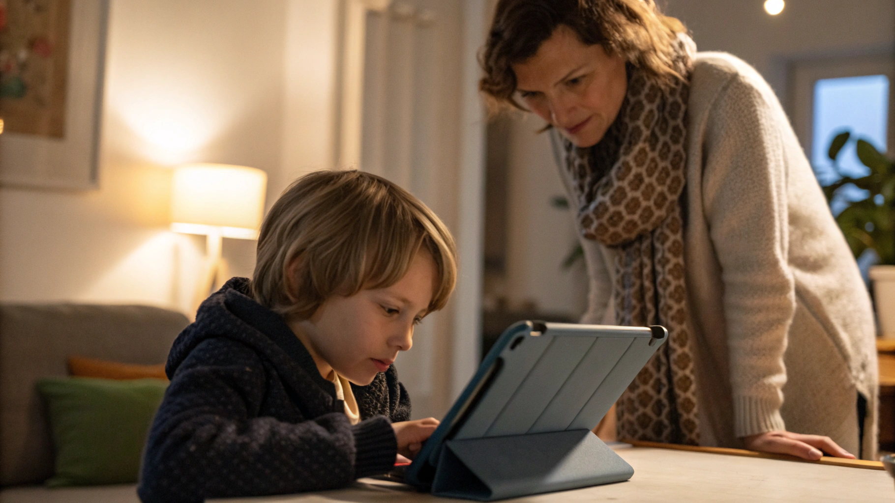 Ребёнок пользуется планшетом в защитном чехле за столом рядом с родителем