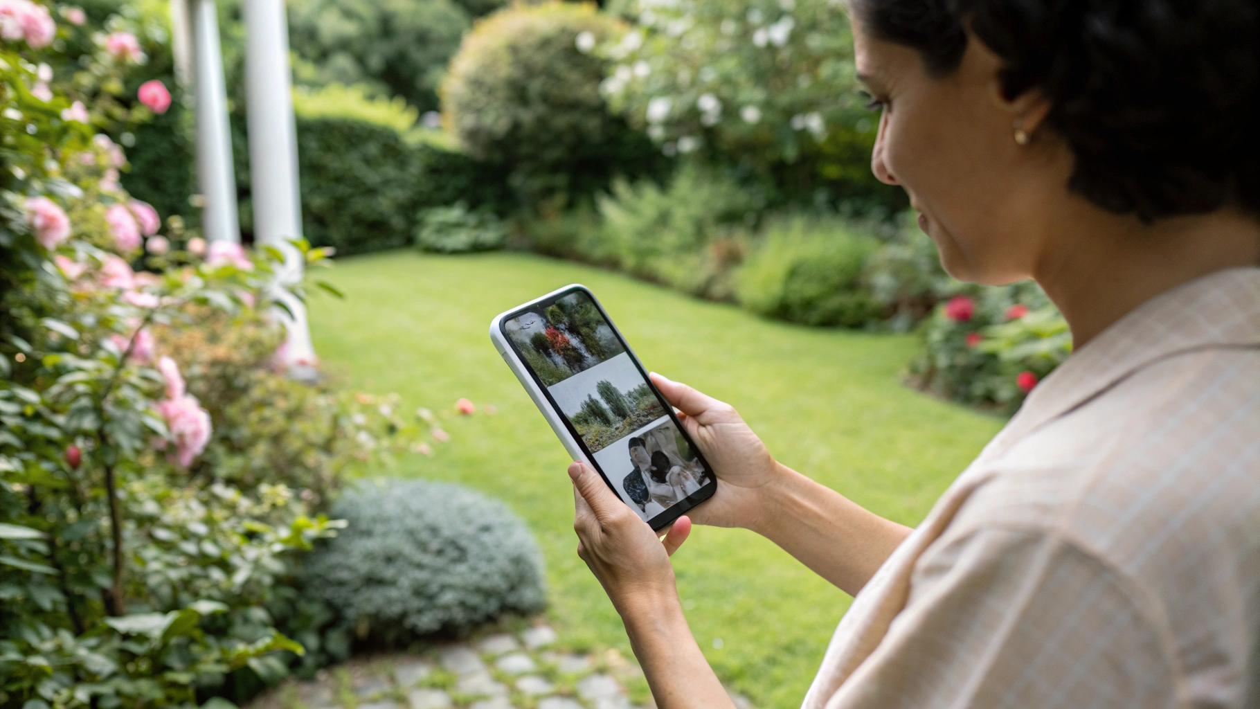 Просмотр дачных фото и видео на экране смартфона на улице