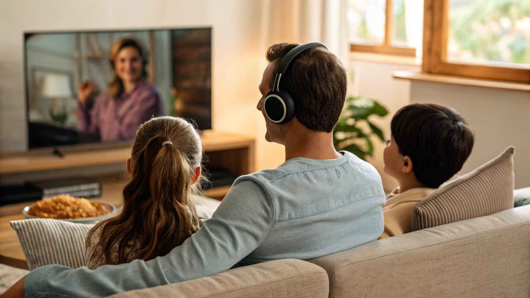 Семейный просмотр фильма с разными типами наушников у взрослых и подростка