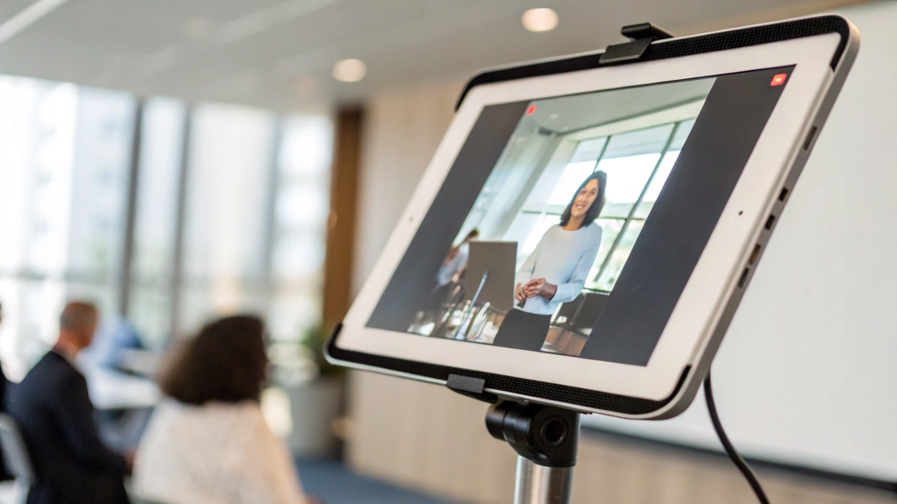 Планшет на подставке с открытым вебинаром и окном спикера