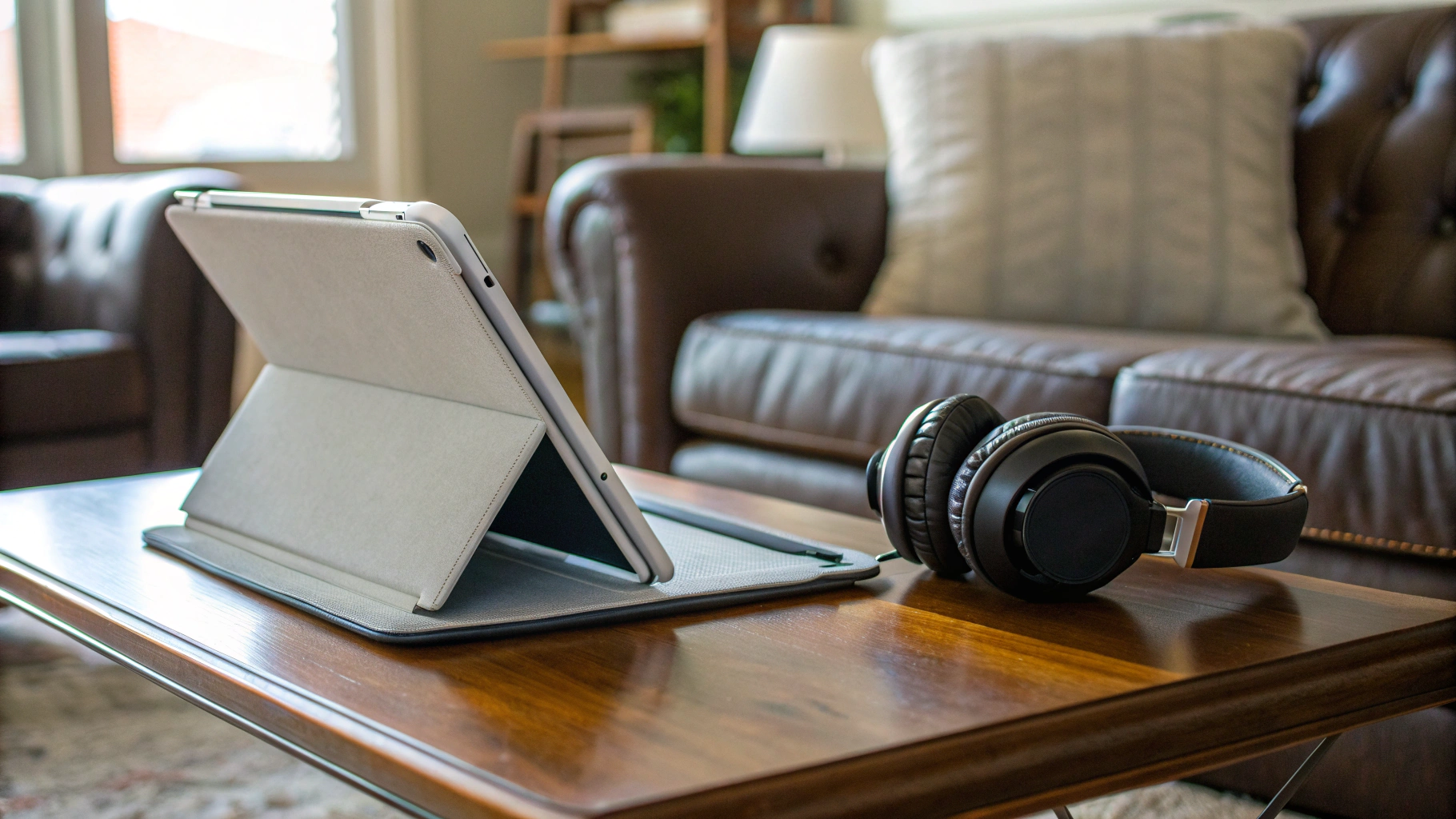 Планшет в чехле с наушниками для просмотра вебинаров на столике