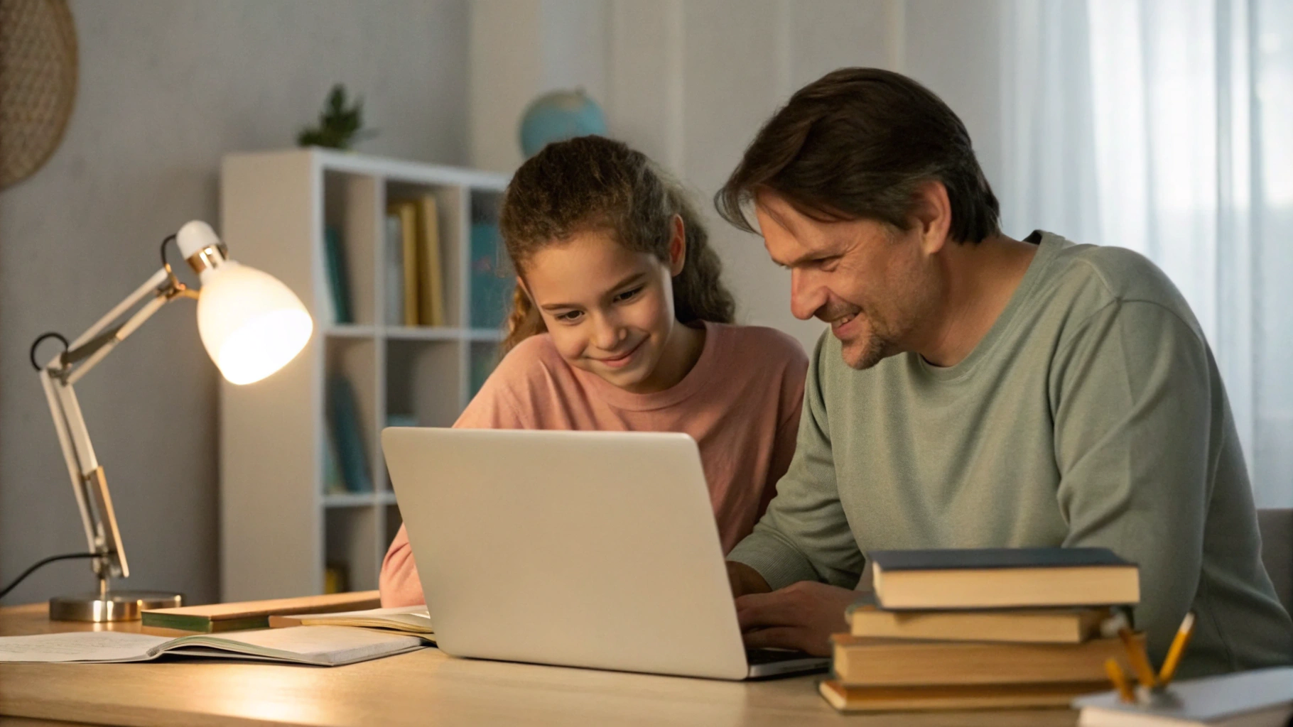 Ребёнок и родитель вместе занимаются за семейным ноутбуком