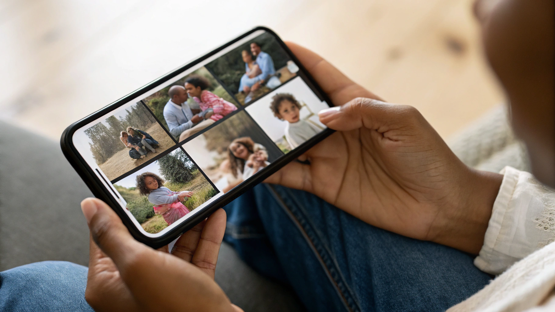 Смартфон с большим семейным фотоархивом на экране в руках пользователя