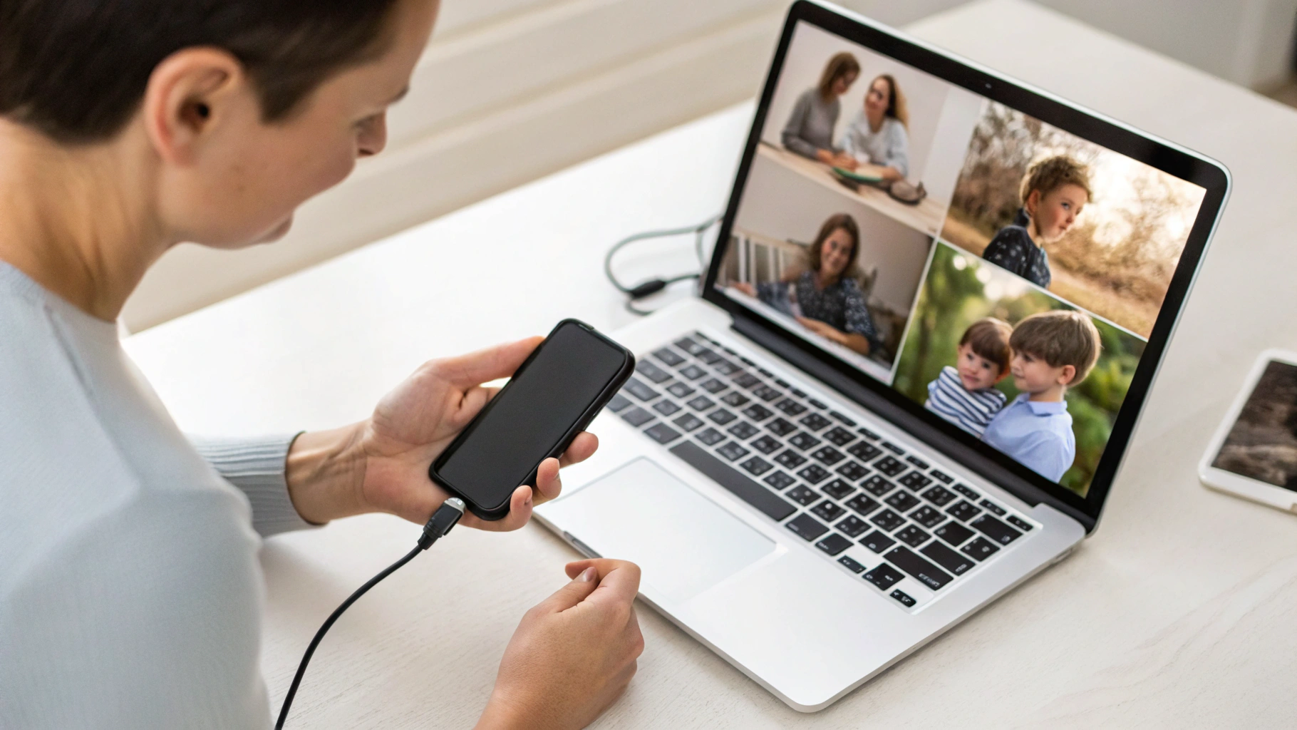 Родитель подключает смартфон к ноутбуку для резервного копирования семейных фотографий