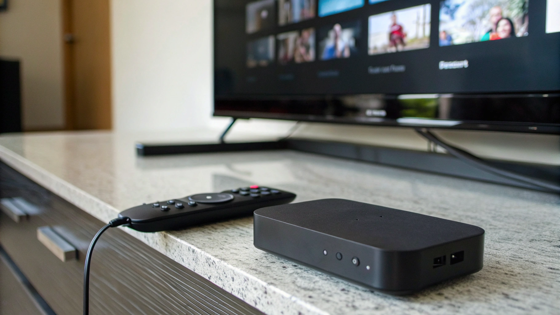 ТВ-приставка под телевизором и пульт на столике во время выбора фильма