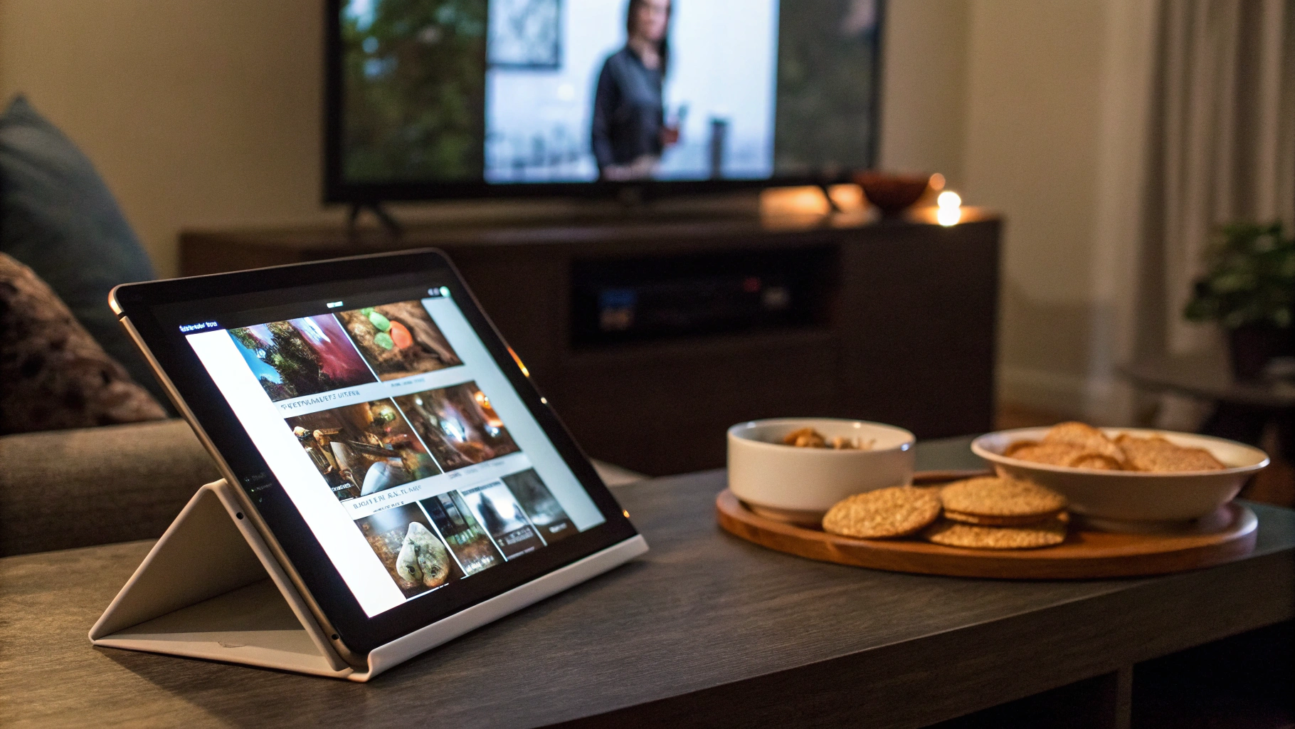 iPad на подставке перед телевизором с открытым приложением для сериалов