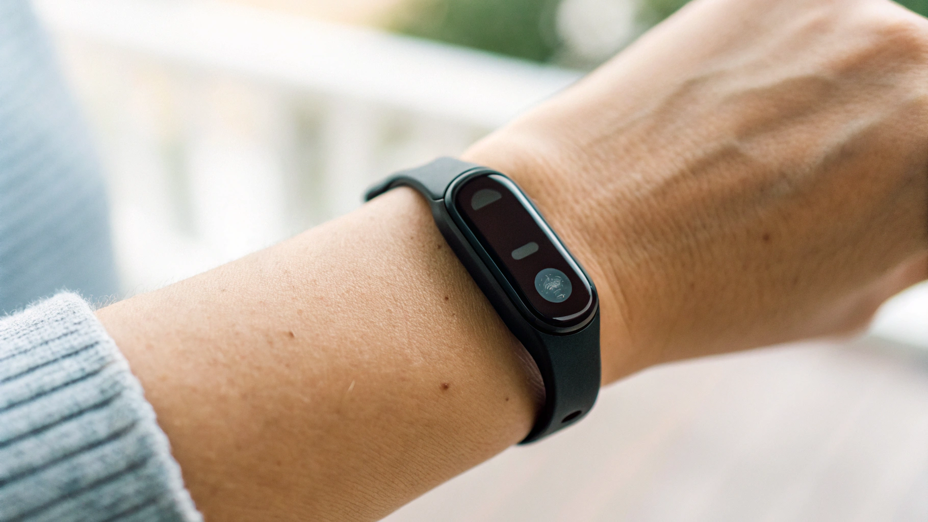 Фитнес-браслет на запястье родителя с заметным значком уведомления