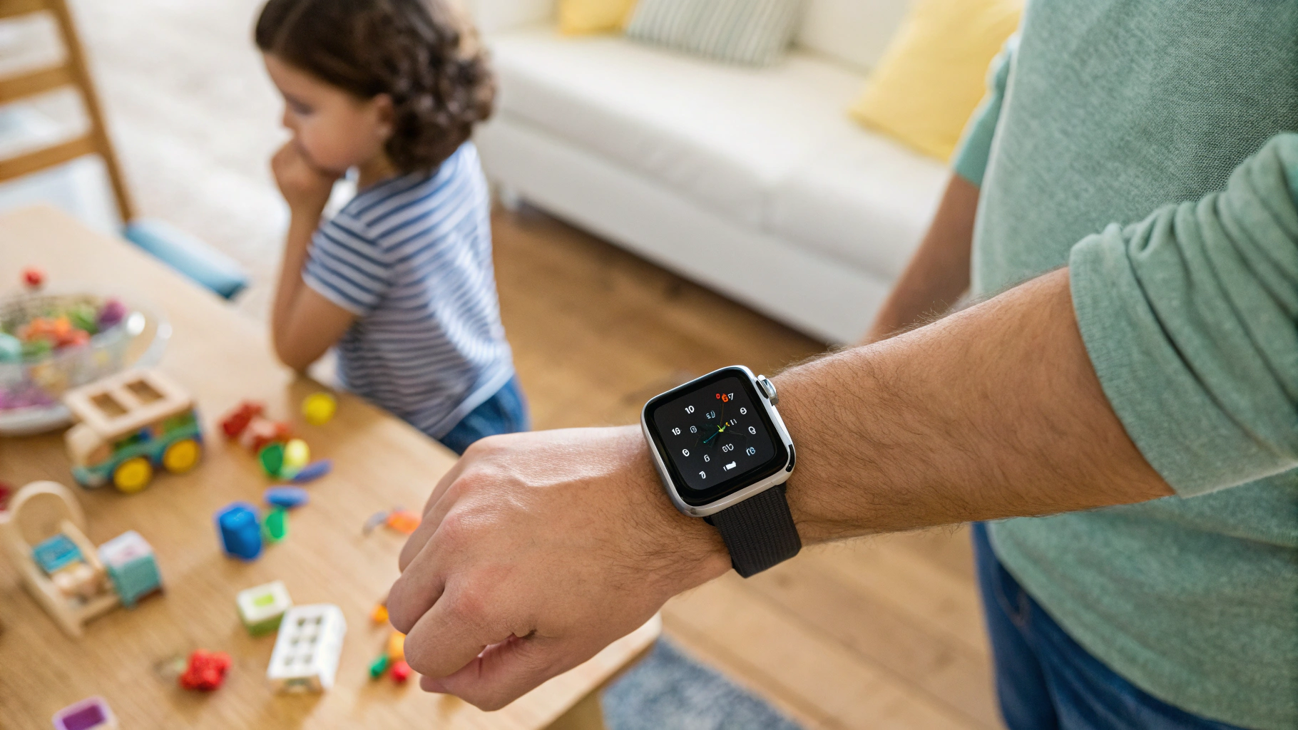 Смарт-часы на руке родителя с напоминанием в календаре и уведомлением о звонке