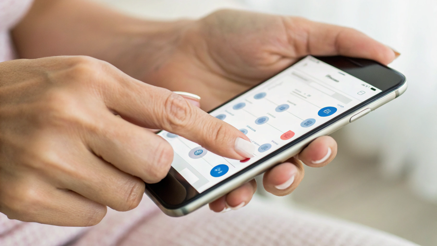 Руки крупным планом вносят расписание лекарств в приложение на смартфоне