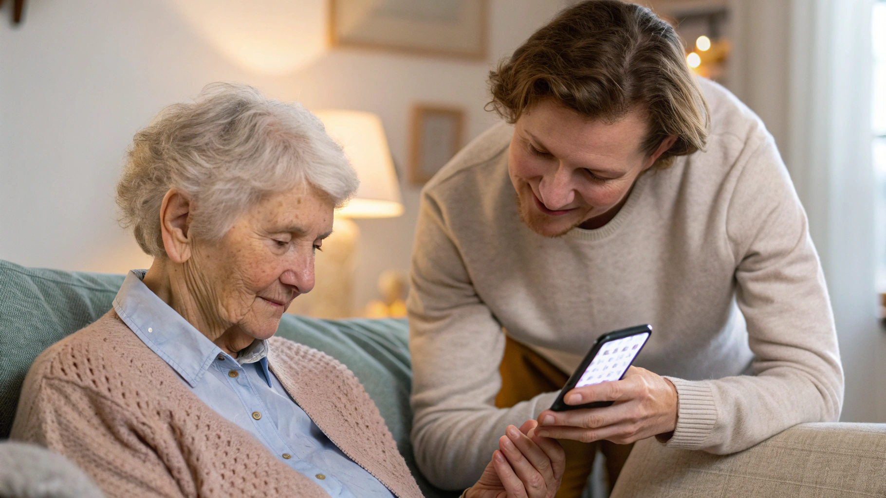 Взрослый помогает пожилому человеку смотреть напоминания о лекарствах на смартфоне