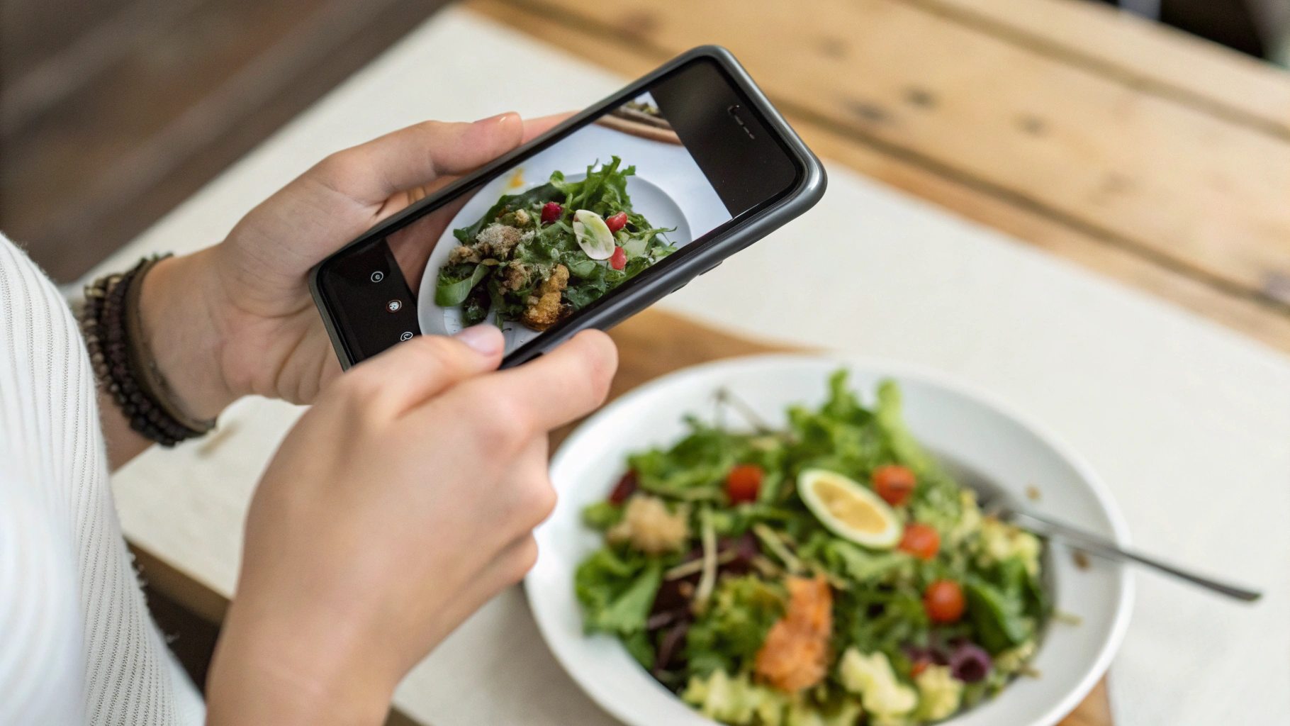 Смартфон снимает блюдо сверху, на экране видна текстура еды крупным планом