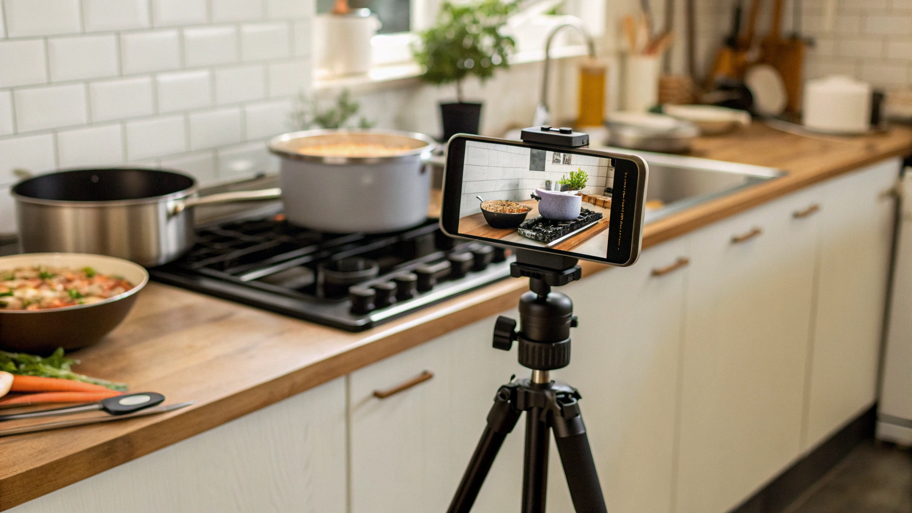 Смартфон на штативе записывает видео рецепта на домашней кухне