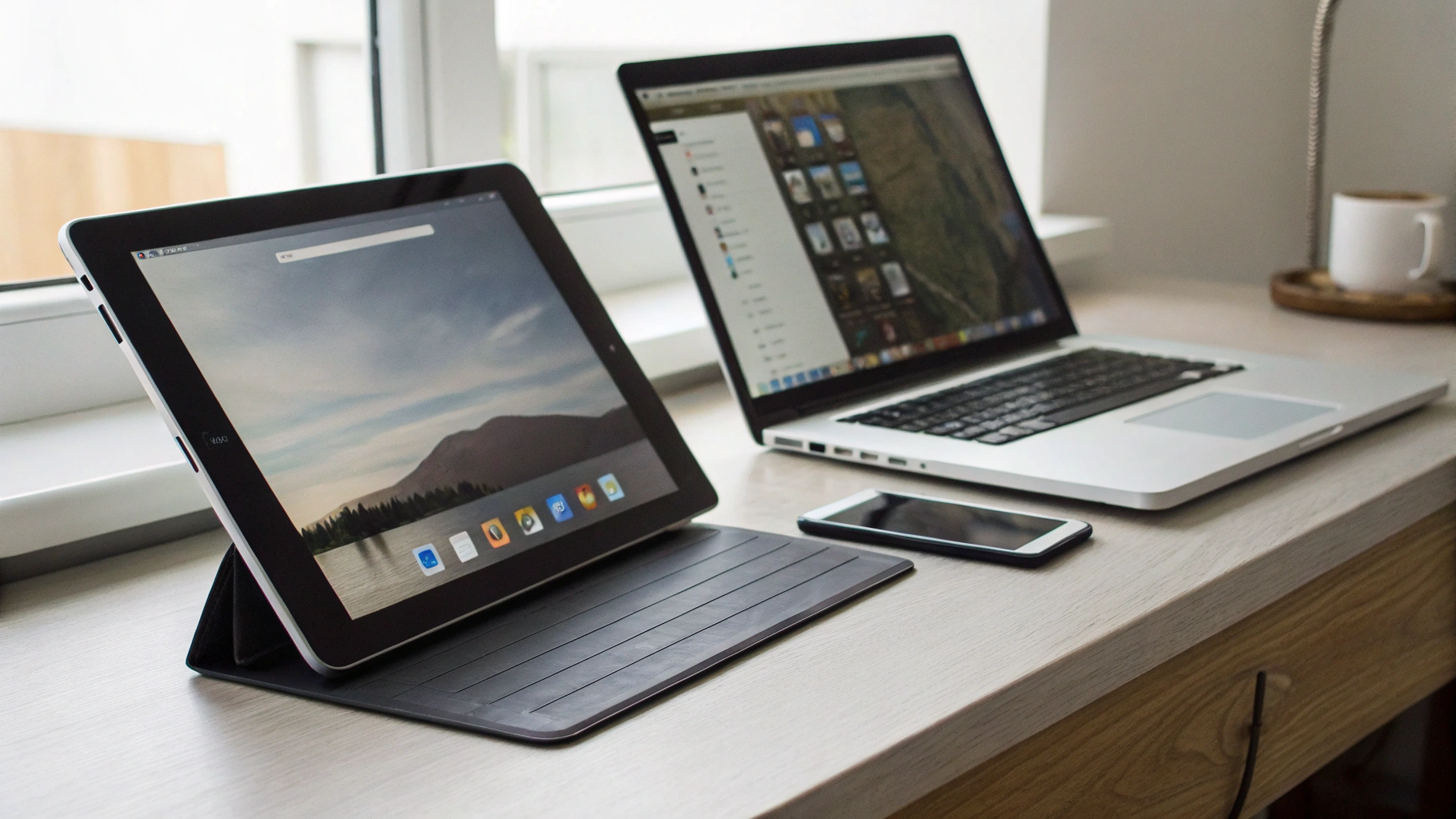 Android‑планшет с интерфейсом наподобие рабочего стола рядом с ноутбуком