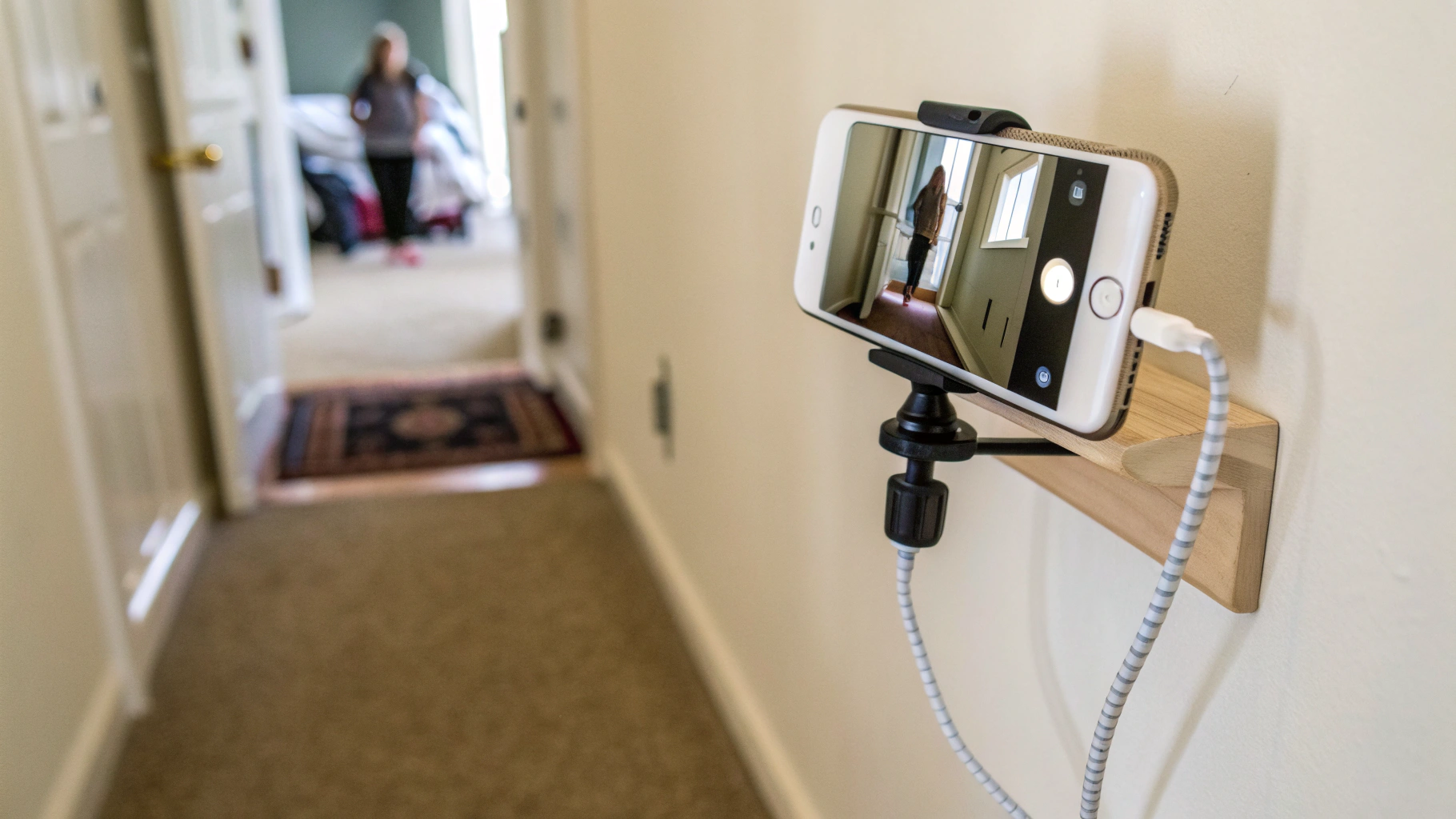 Смартфон закреплён на полке и подключён к питанию для работы как камера