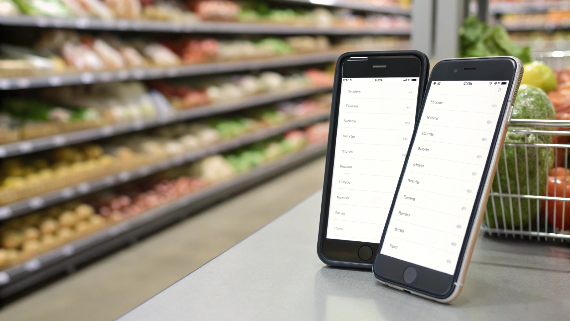 Два телефона с одним и тем же списком покупок, пункты отмечаются и синхронизируются